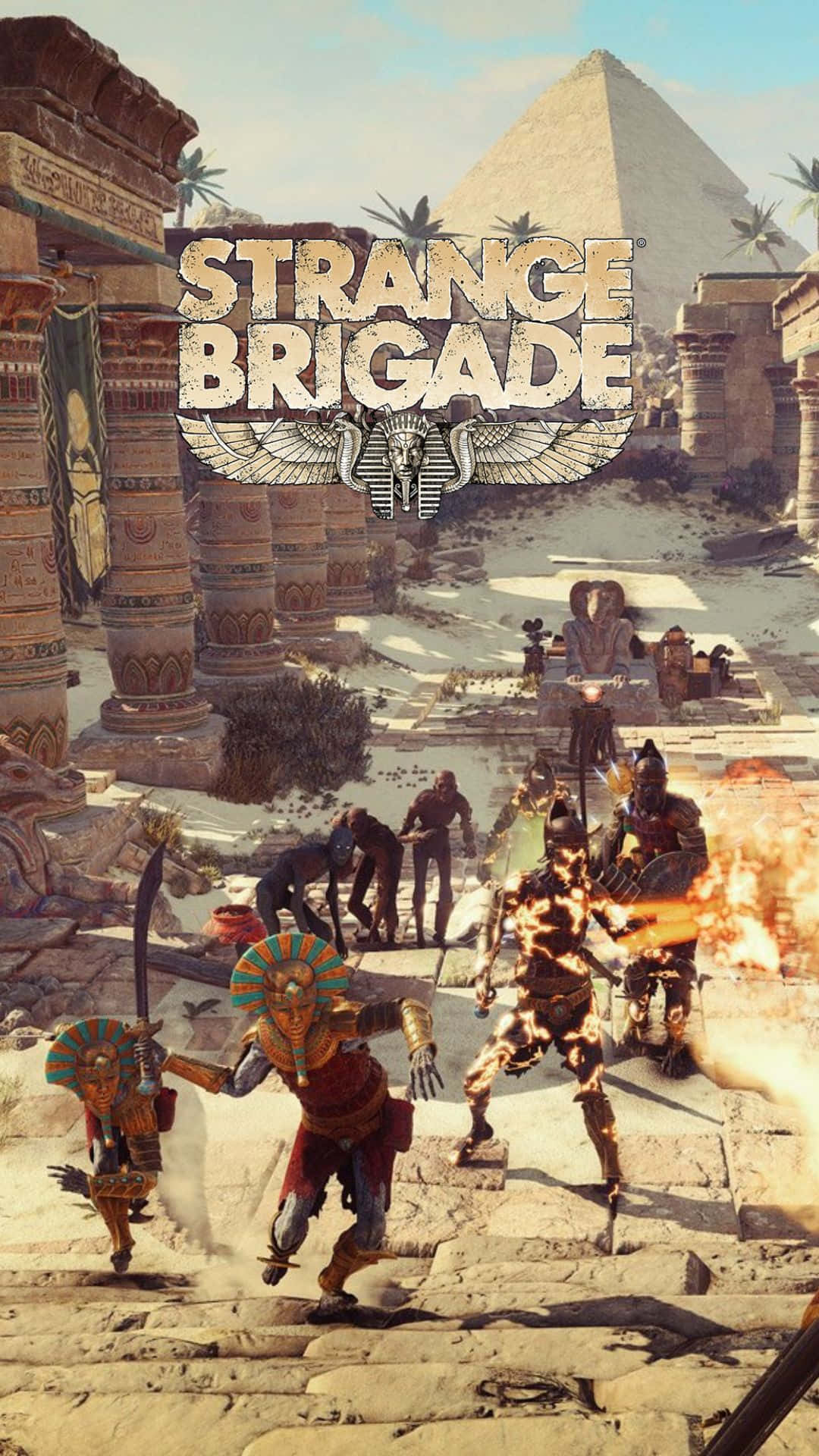 Android Strange Brigade 桌布 壁紙 — 一群冒險者在明亮的陽光下，在擁有金字塔和棕櫚樹的古埃及神廟中與火焰敵人作戰。