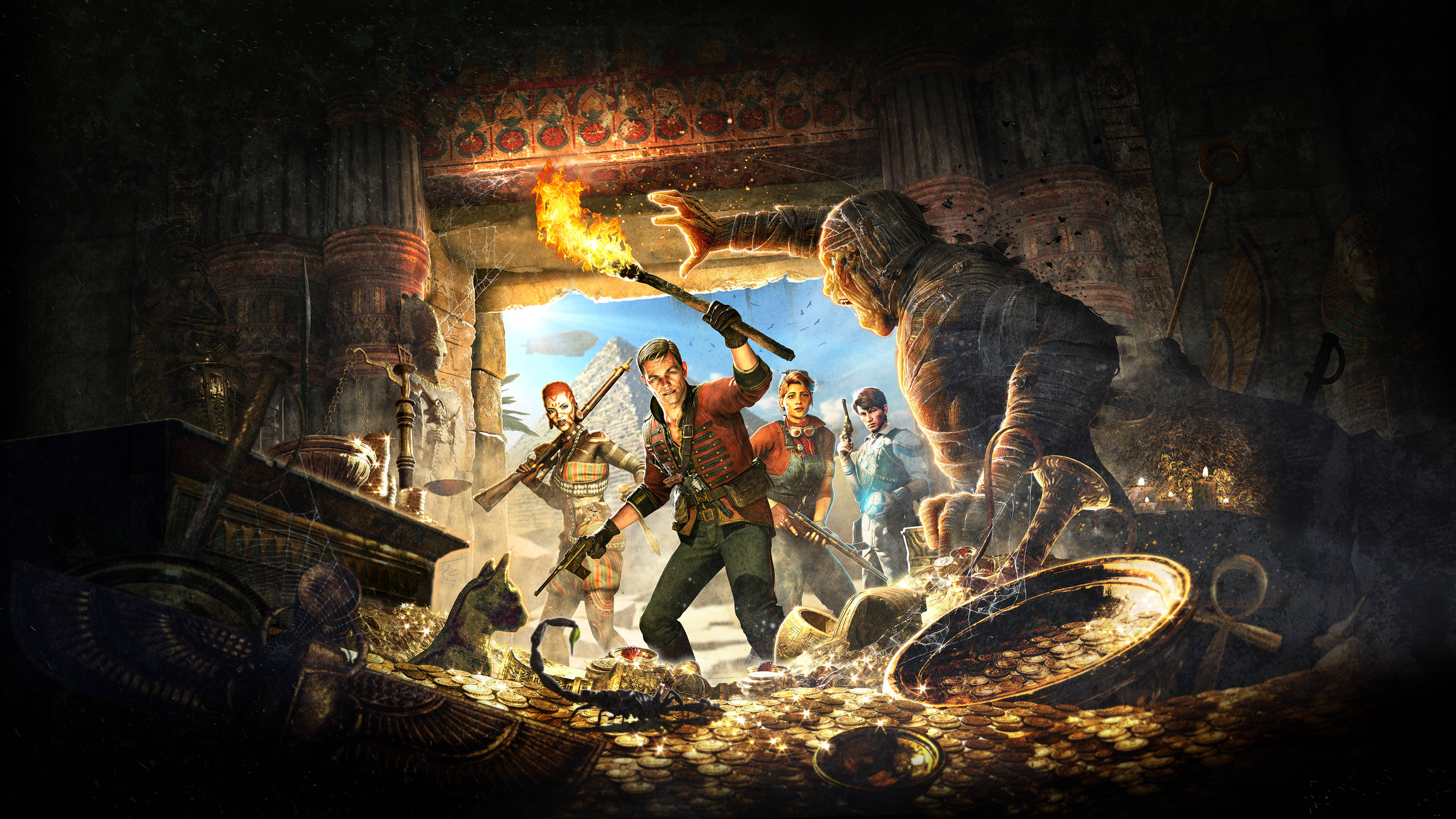 Strange Brigade 桌布 壁紙 — 一群冒險者在火炬光照下，於一個充滿寶藏的古老墓穴中對抗巨型木乃伊。