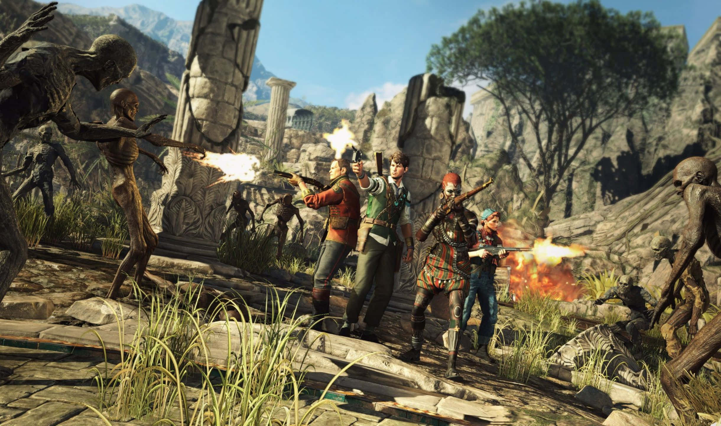 2440x1440 Strange Brigade 桌布 壁紙 — 一群冒險者在陽光明媚的廢墟中，對著骷髏敵人發射燧發手槍，廢墟中有古老的柱子和雜草叢生的草地。