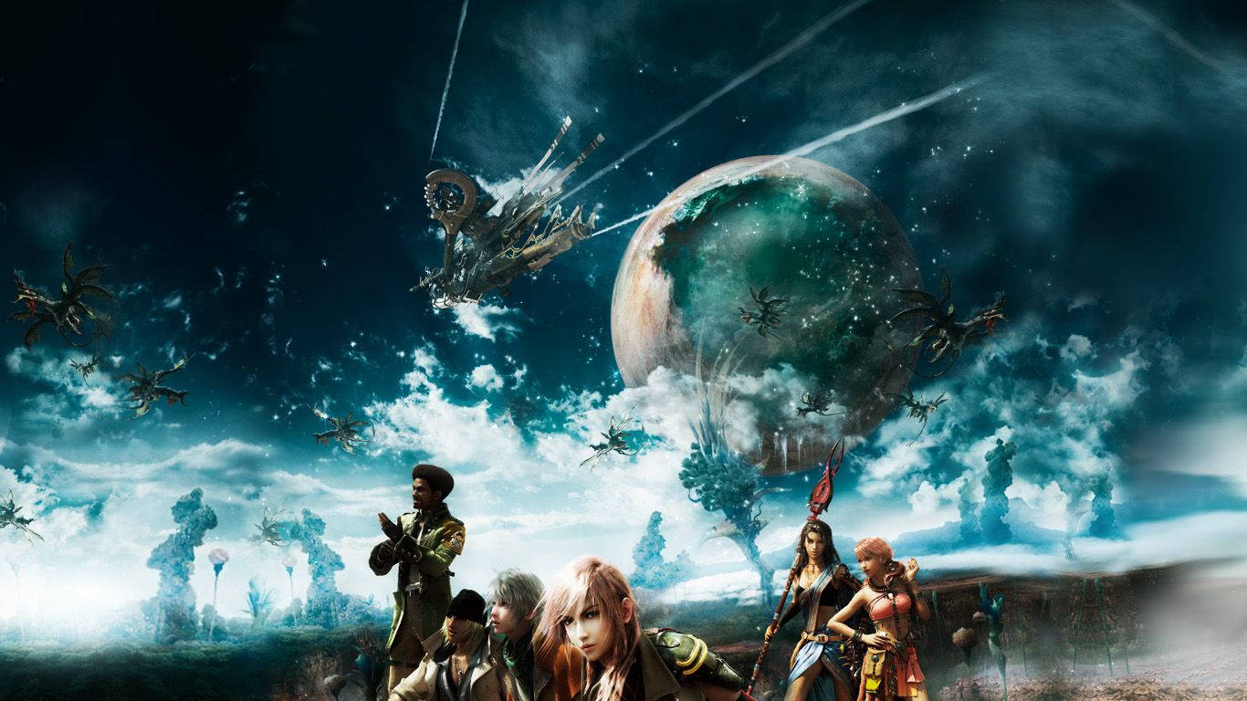 最終幻想 桌布 壁紙 — 一群冒險者站在一顆巨大的發光行星前，機械飛行生物在風暴般的外星天空中翱翔。