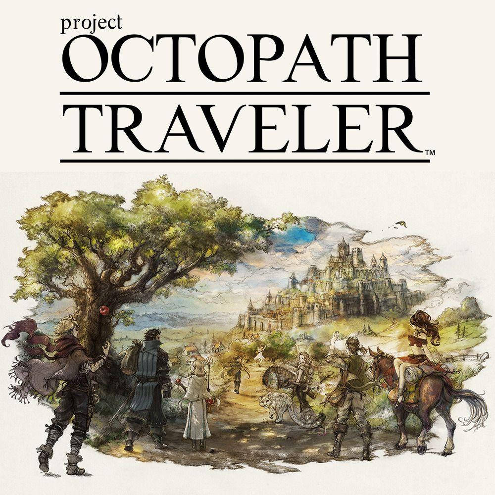 Traveler 桌布 壁紙 — 一群冒險者聚集在一棵大樹下，沿著通往遠方城堡的小徑，身處充滿活力的奇幻景觀中。