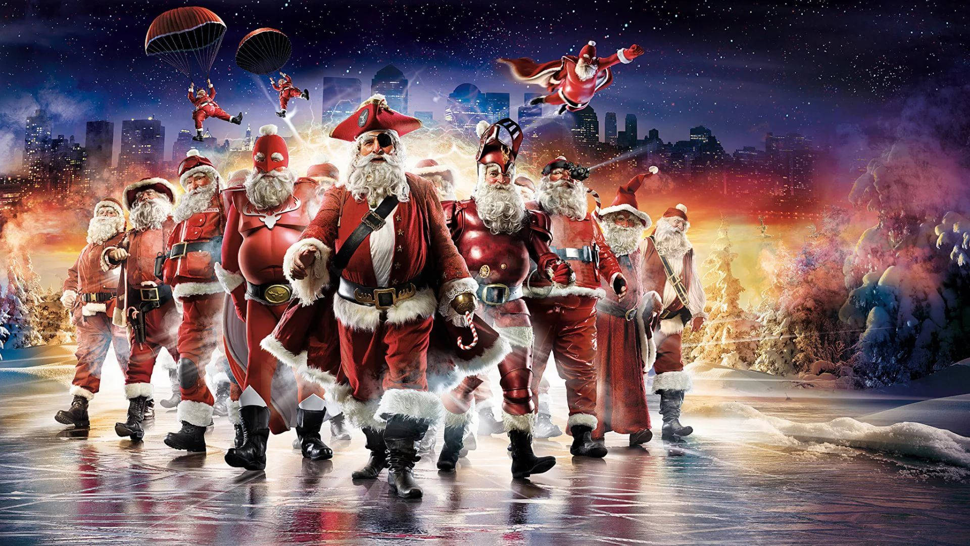Santa Claus 桌布 壁紙 — 一群動感風格的聖誕老人，在夜晚火熱的城市天際線前擺出動作姿勢。