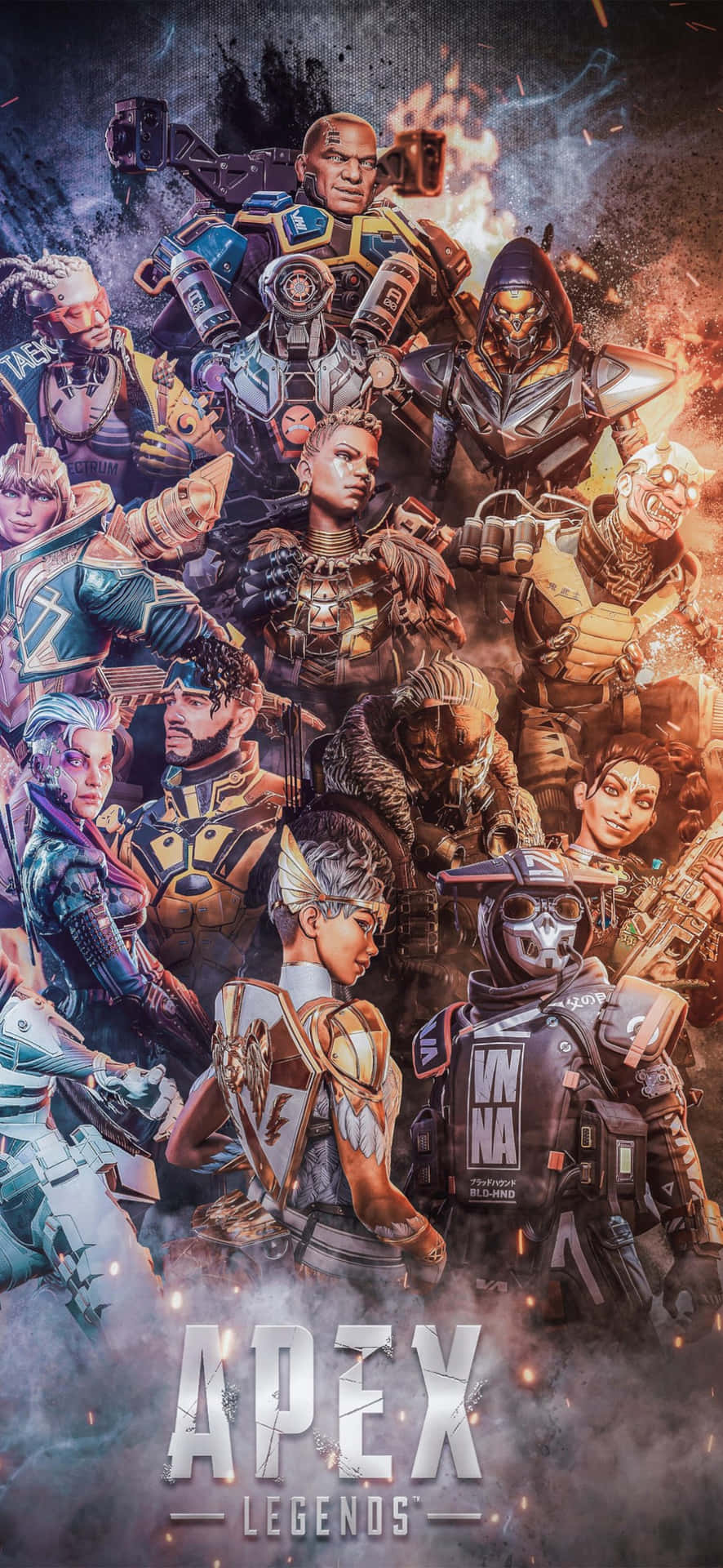 Apex 英雄 桌布 壁紙 — 一群動態多樣的Apex Legends角色，身著戰鬥裝備，置身於熾熱爆炸和煙霧之中。