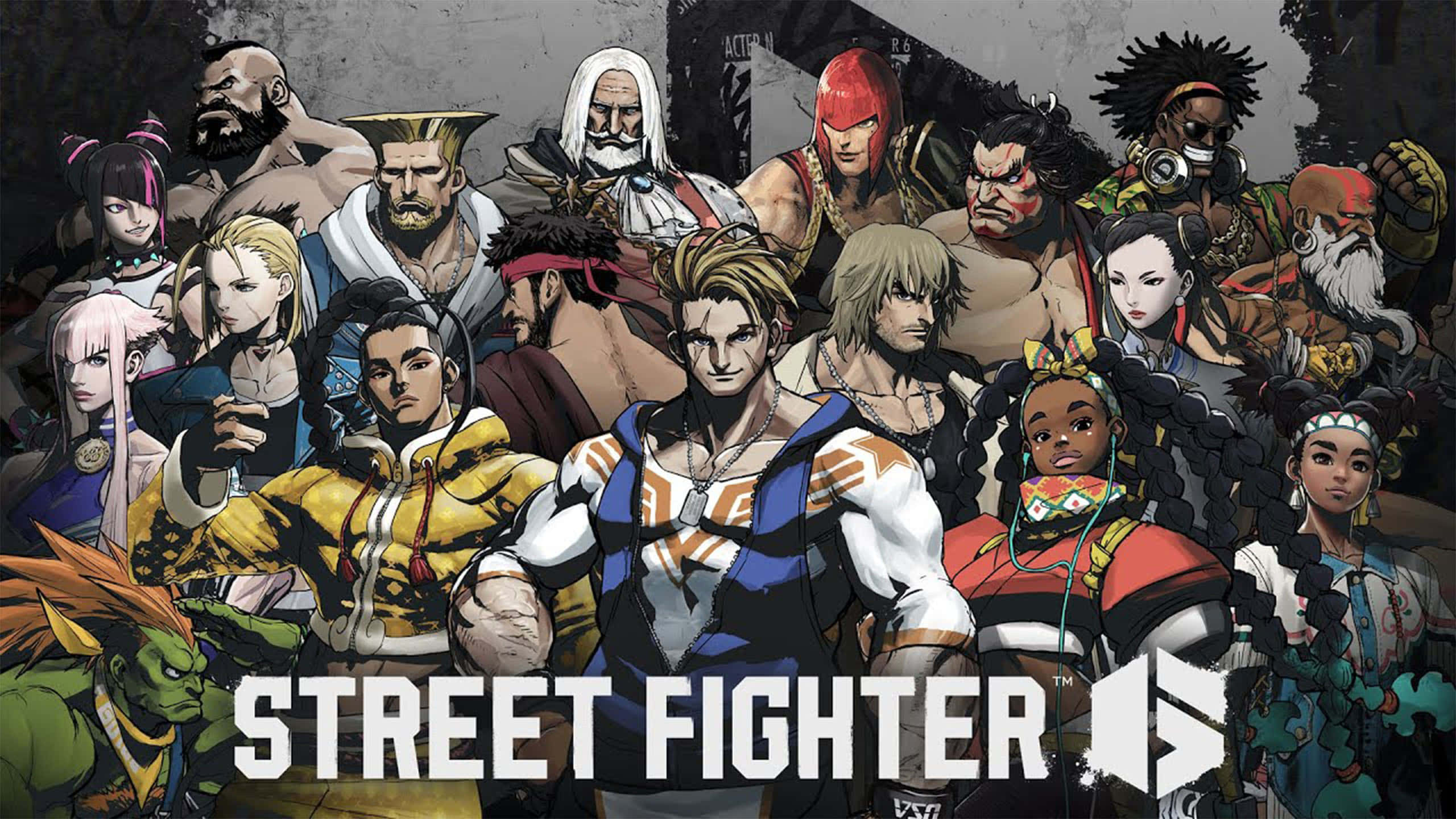 Fighting Games 桌布 壁紙 — 一群動態多樣的街頭霸王角色，在 gritty 的城市背景下英勇地擺出姿勢。