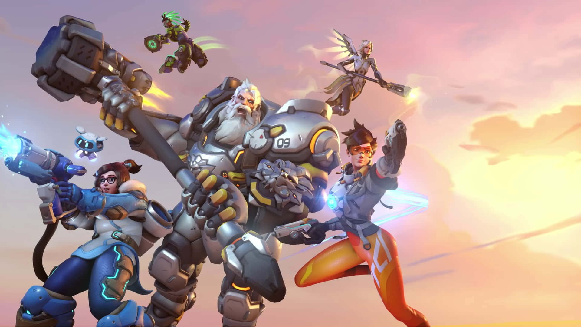 Aesthetic Overwatch 桌布 壁紙 — 一群動態的《鬥陣特攻》英雄在發光的日落天空背景下擺出動作姿勢，帶有能量效果。