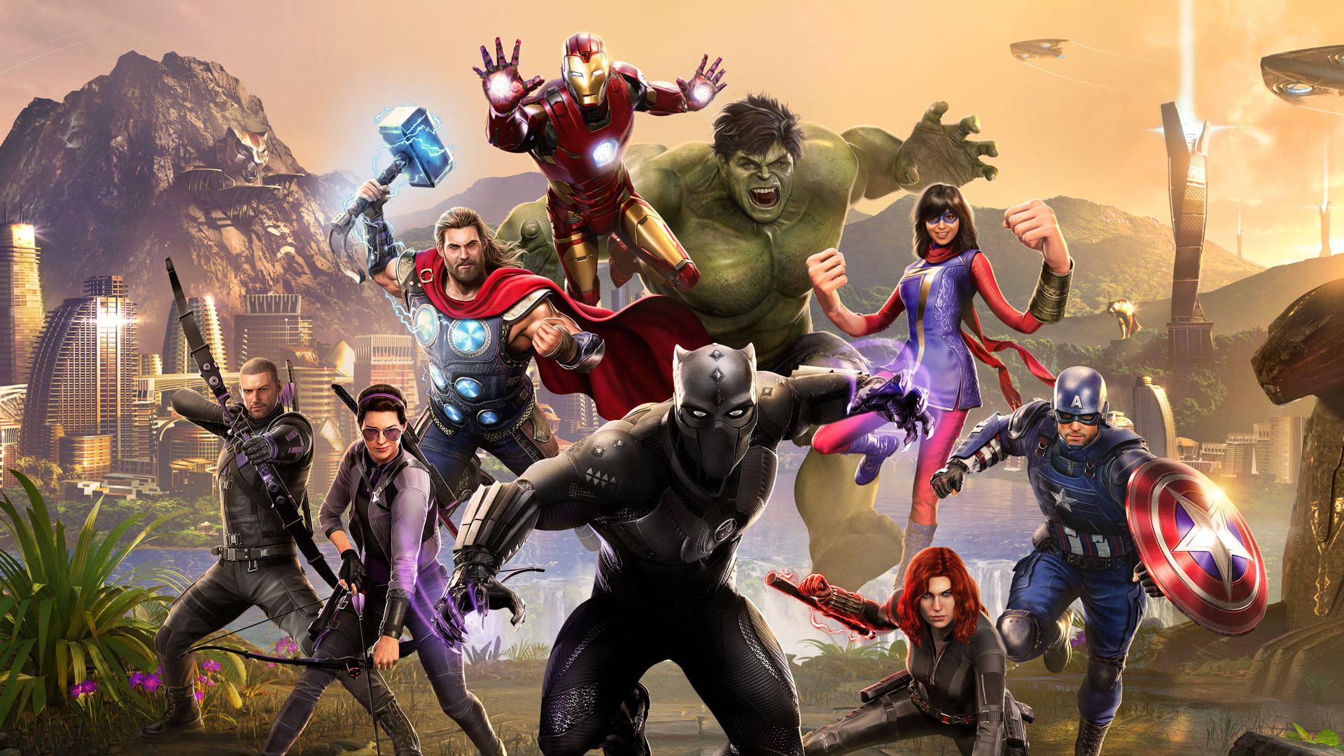 復仇者聯盟 桌布 壁紙 — 一群動態的Marvel超級英雄，包括鋼鐵人、浩克和美國隊長，準備在未來城市景觀背景下戰鬥。
