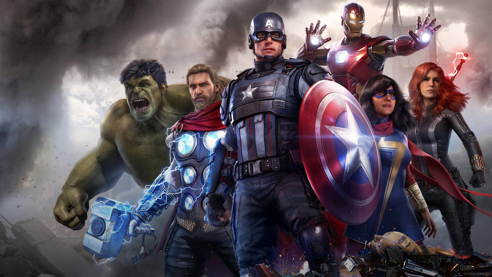 桌布 壁紙 — 一群動態的Marvel超級英雄，包括美國隊長、浩克、索爾、鋼鐵人、黑寡婦和緋紅女巫，在暴風雨背景下準備戰鬥。