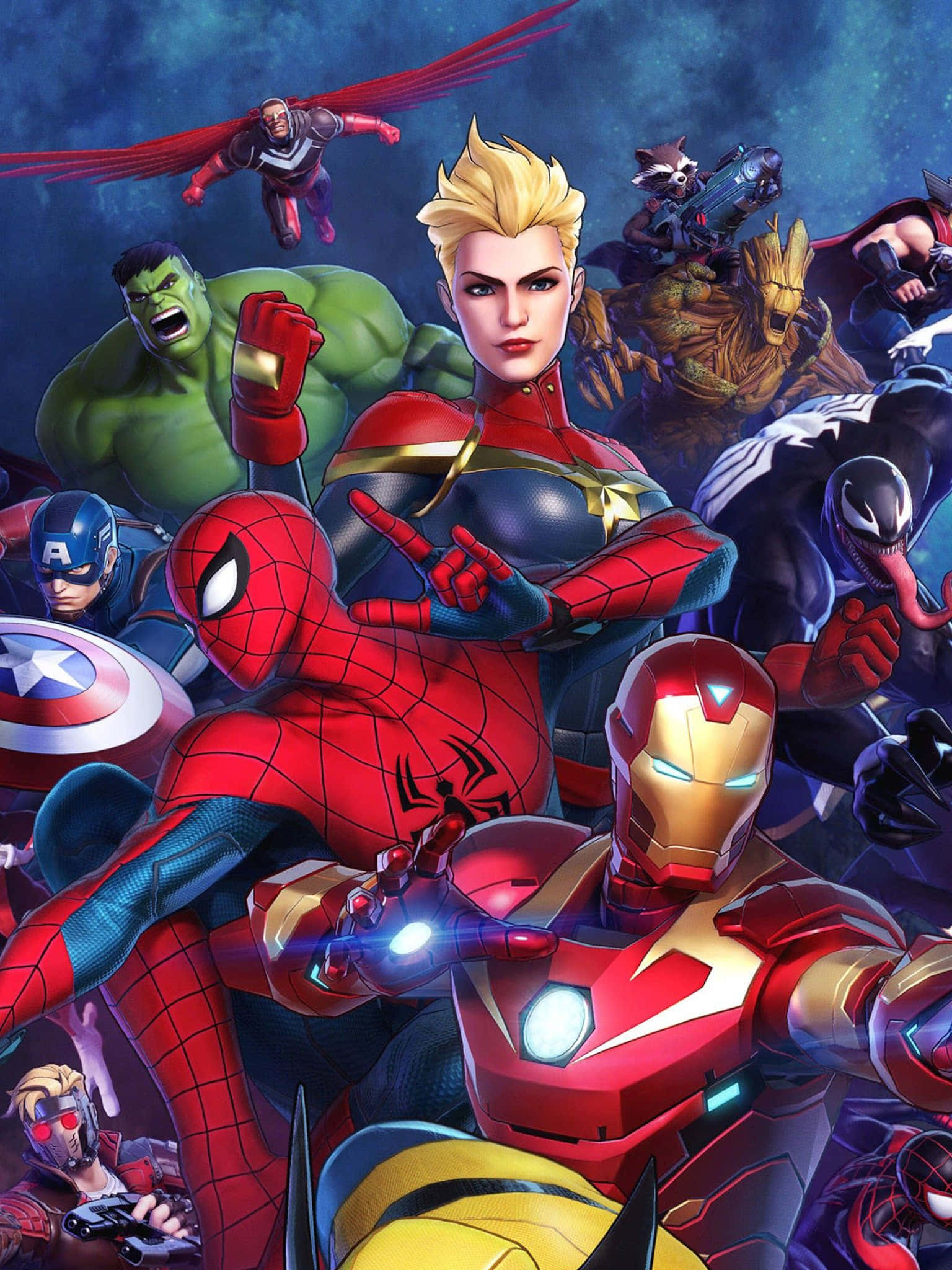 漫威 桌布 壁紙 — 一群動態的Marvel超級英雄，包括Captain Marvel、Iron Man和Spider-Man，在宇宙背景下英勇地擺出姿勢。