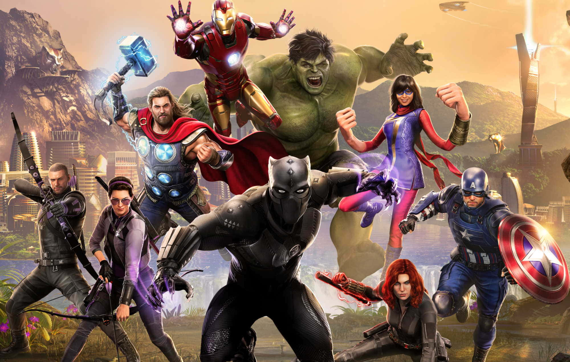 復仇者聯盟 桌布 壁紙 — 一群動態的Marvel超級英雄，包括鋼鐵人、浩克和美國隊長，在未來主義的城市景觀背景下英勇地擺出姿勢。