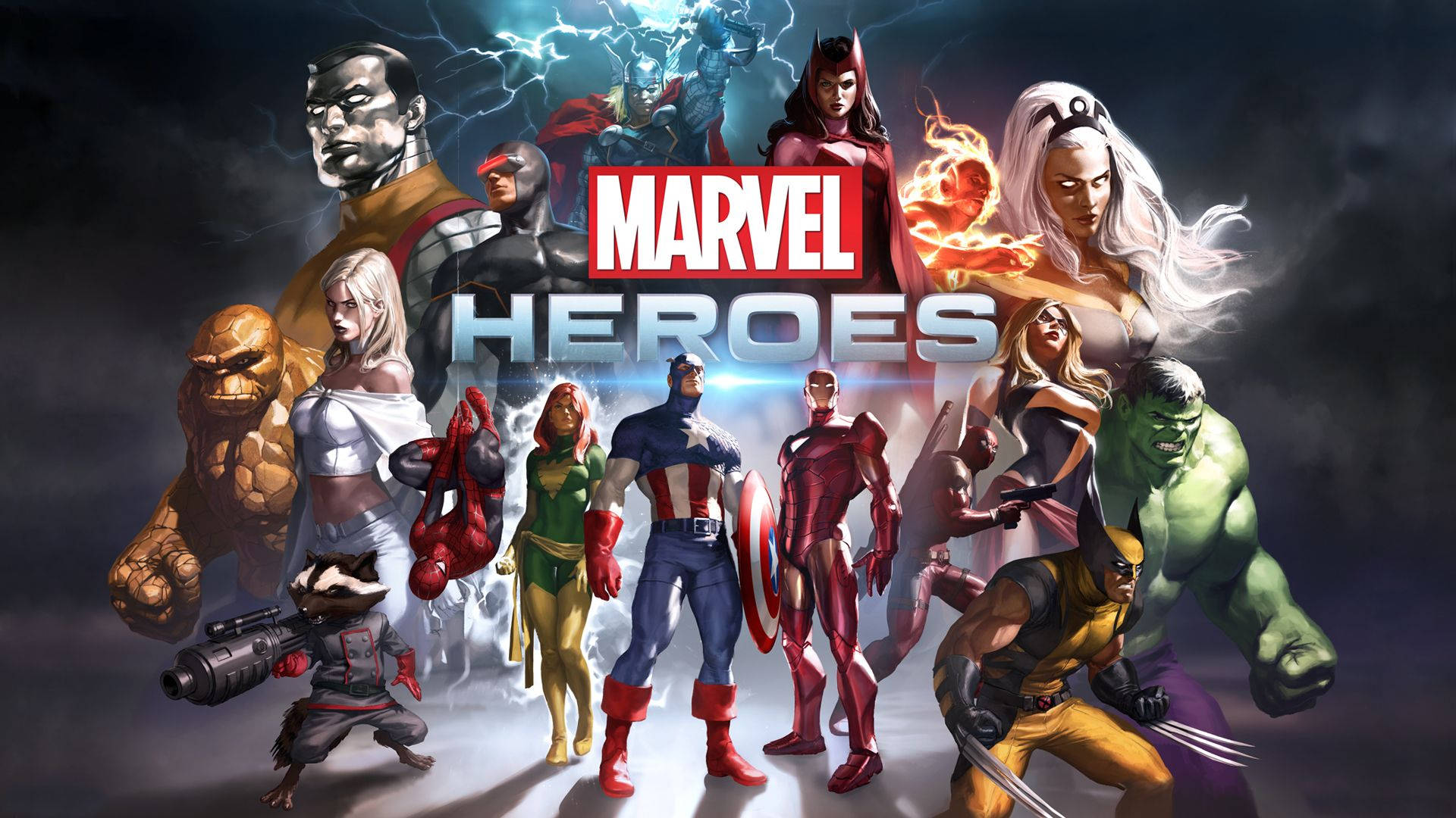 桌布 壁紙 — 一群動態的Marvel超級英雄在風暴般的黑暗背景前英勇地擺出姿勢，帶有發光效果。