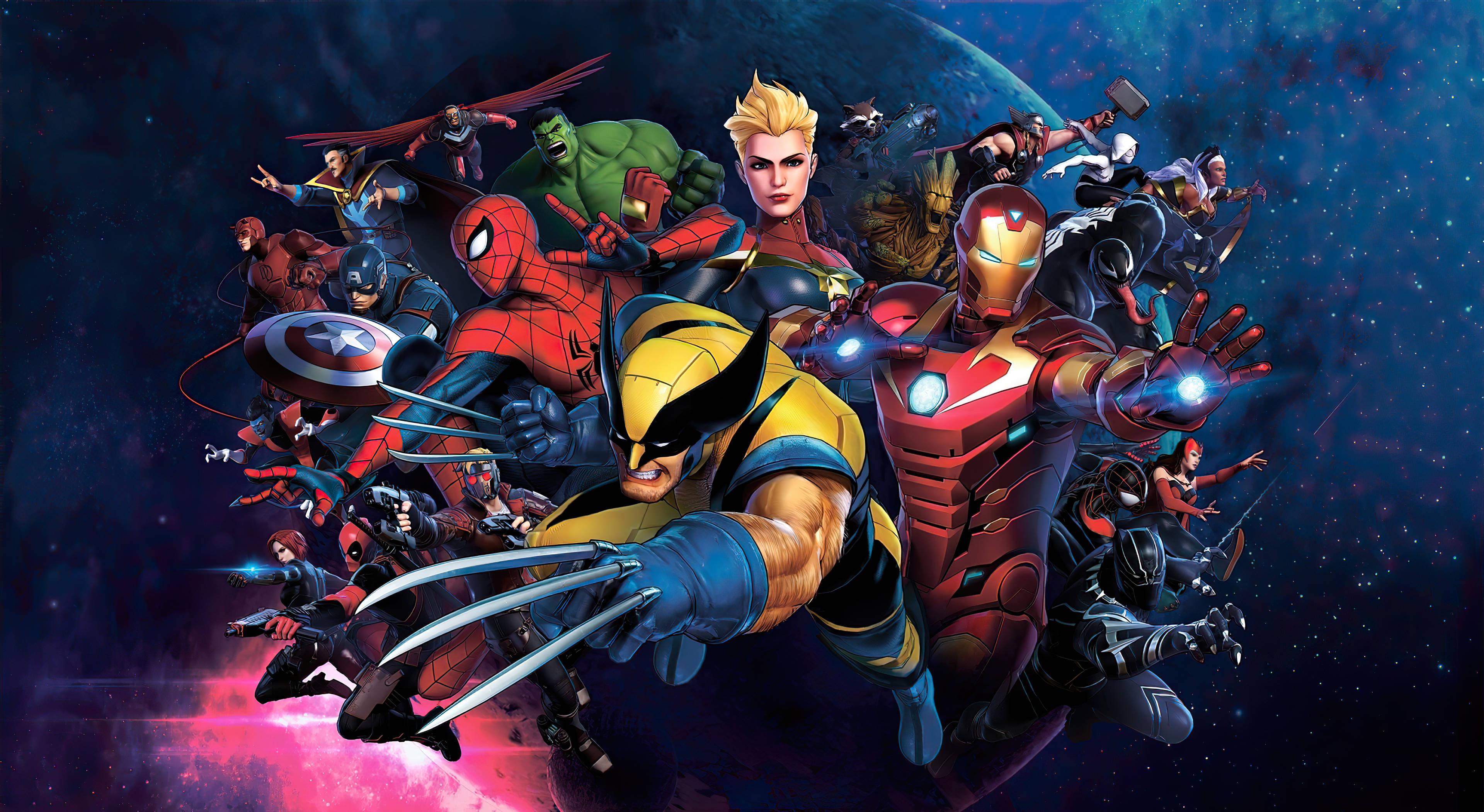 金鋼狼 桌布 壁紙 — 一群動態的Marvel超級英雄在宇宙星空背景下擺出動作姿勢。
