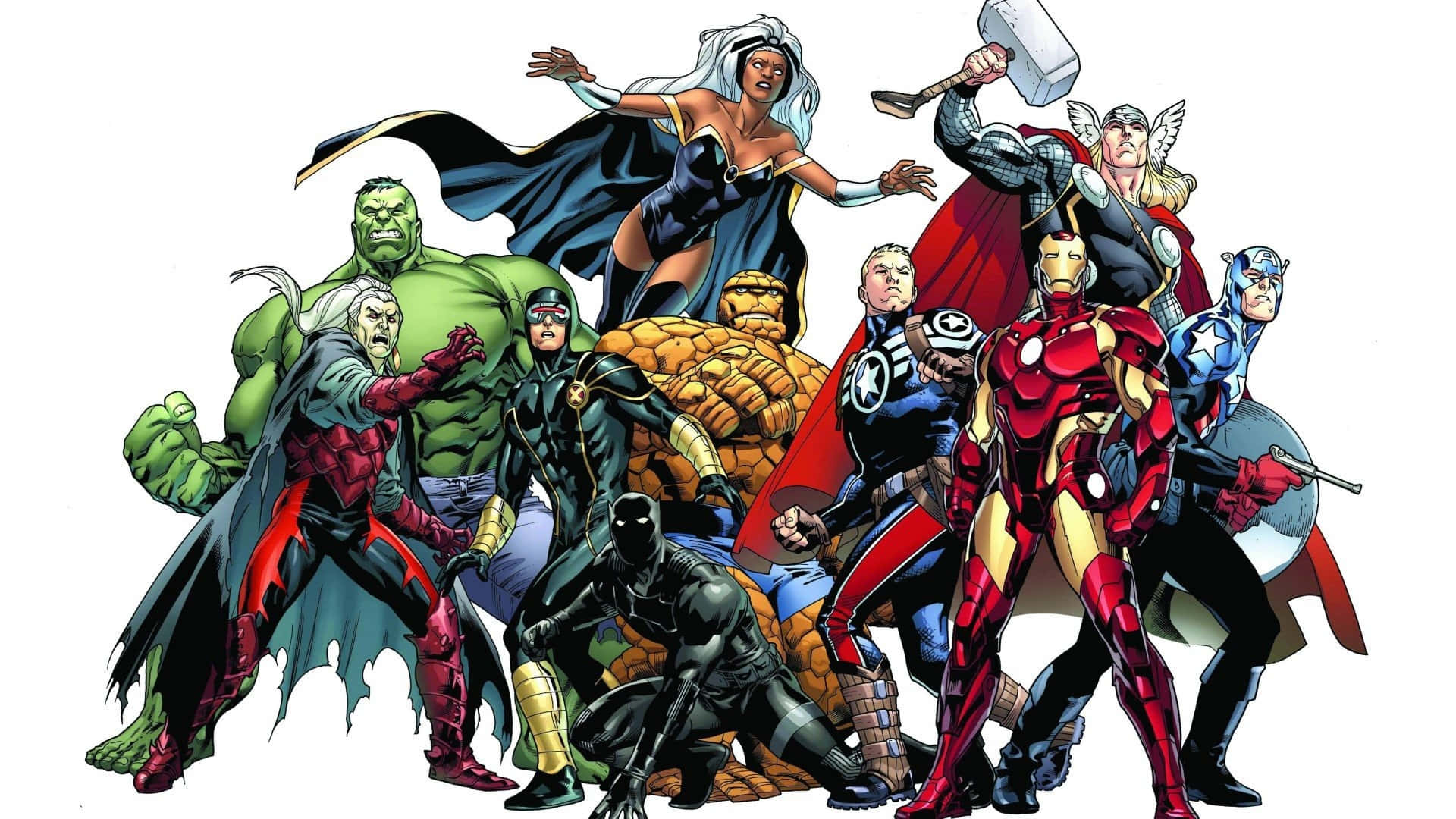 Comics 桌布 壁紙 — 一群動態的Marvel超級英雄在純白色背景前英勇地擺出姿勢。