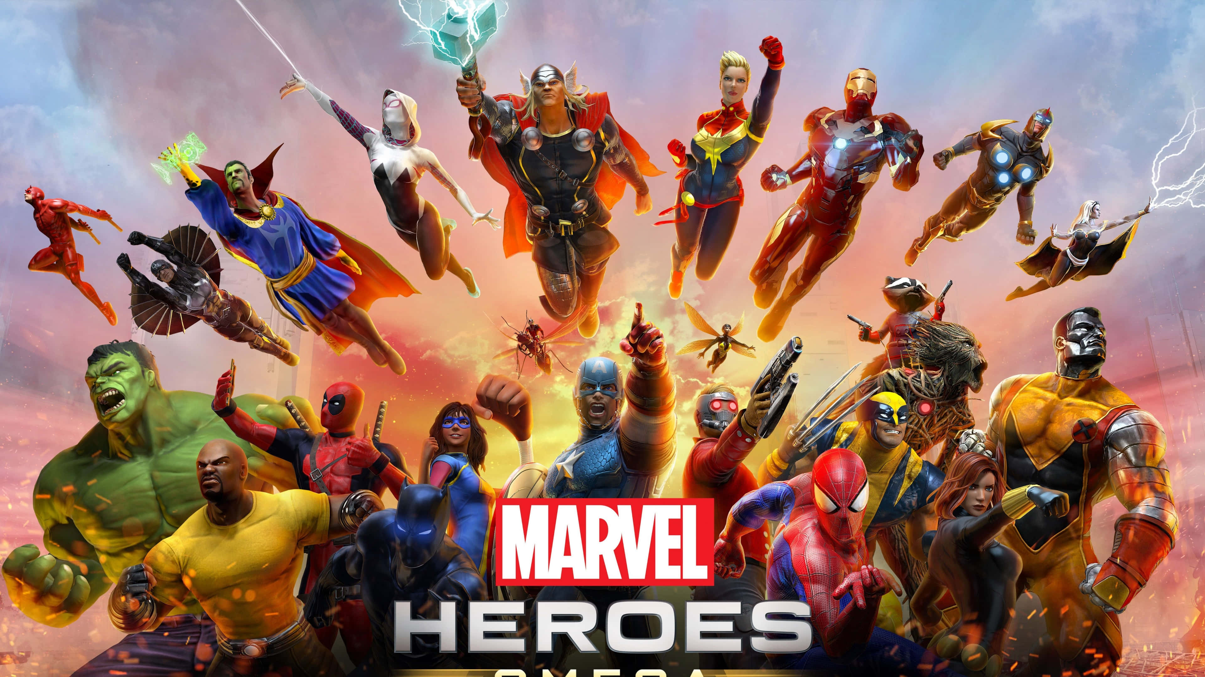 4K Marvel 壁紙 桌布 壁紙 — 一群動態的Marvel超級英雄與反派，在熾熱的夕陽天空背景下以英雄姿態翱翔與站立。