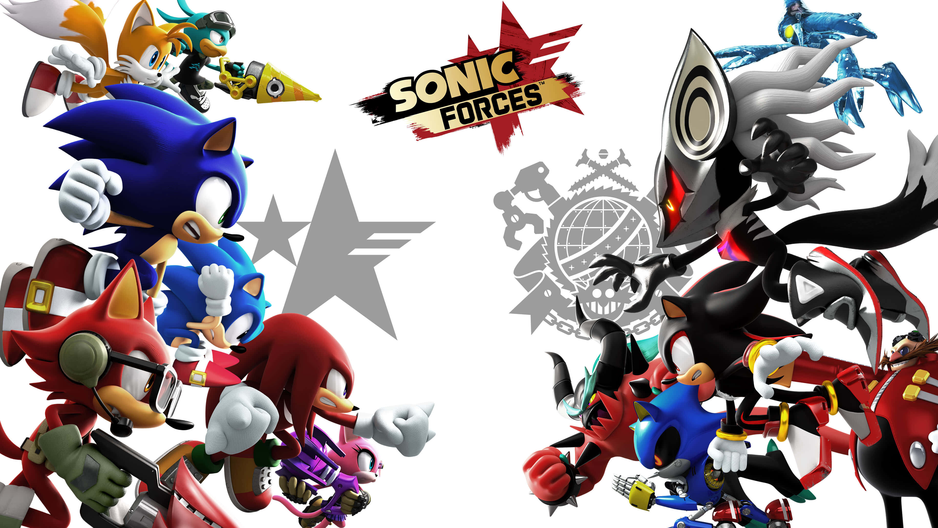 Sonic The Hedgehog Characters 桌布 壁紙 — 一群動態的Sonic角色以動作姿勢呈現，帶有Sonic Forces標誌和徽章，背景為白色。