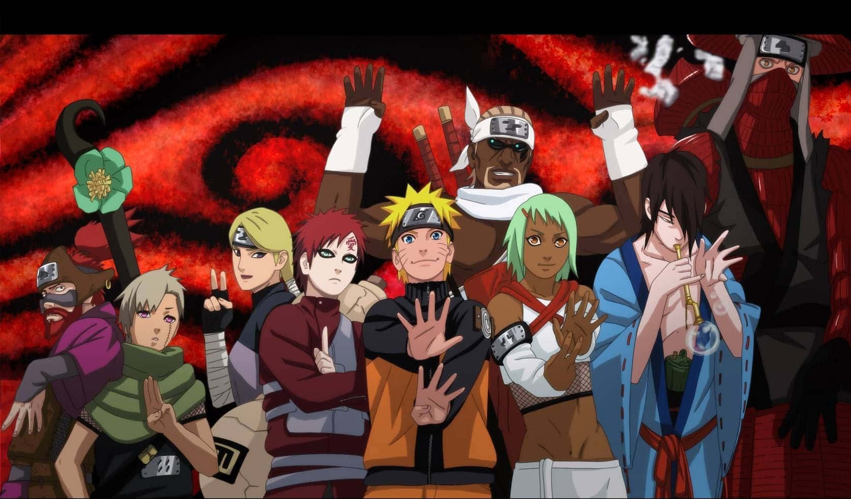Naruto's Friend 桌布 壁紙 — 一群動態的動漫忍者角色在帶有大眼睛符號的旋轉紅色背景前英勇地擺出姿勢。