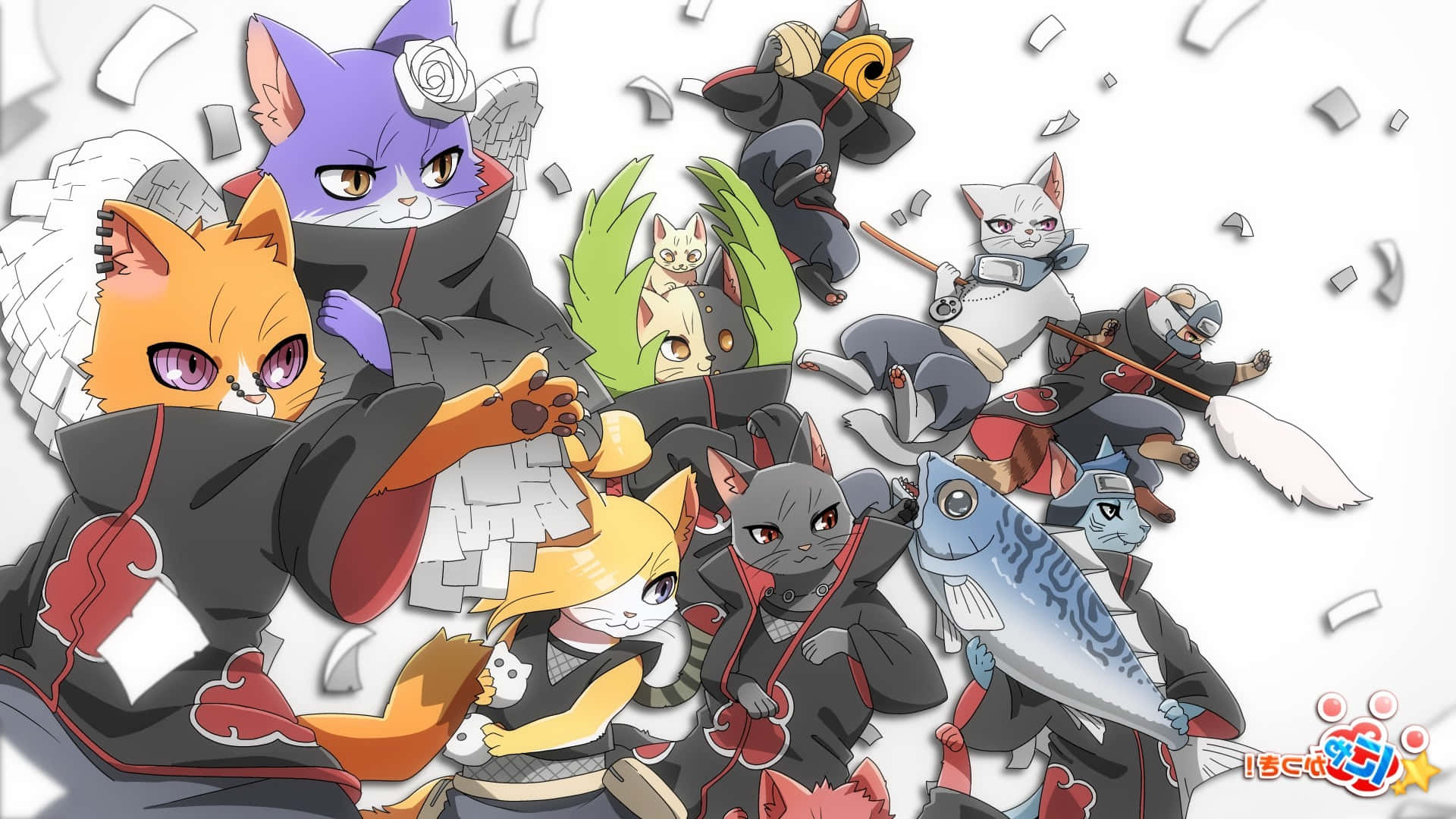 桌布 壁紙 — 一群動態的動畫擬人化貓咪穿著忍者服裝，在飛揚的碎片中於純白背景上激烈衝突。