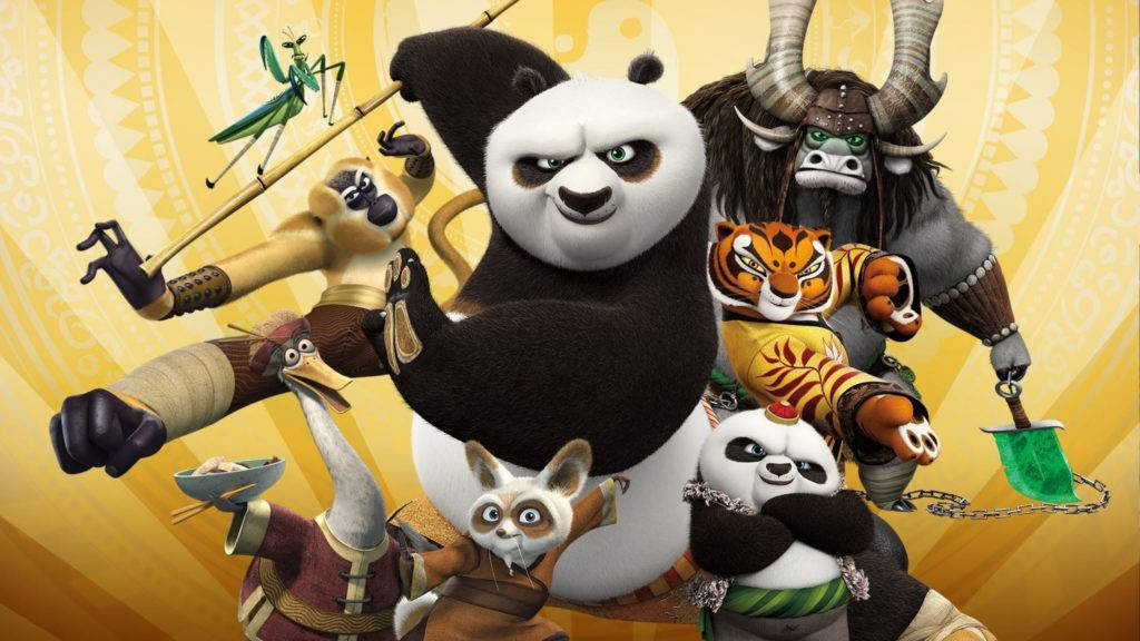 動物 桌布 壁紙 — 一群動態的動畫武術動物在金色圖案背景前英勇地擺出姿勢。