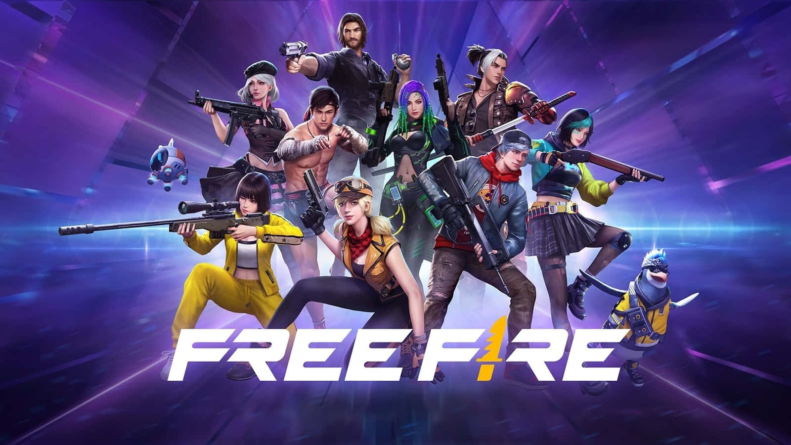 Free Fire 桌布 壁紙 — 一群動態的多樣化遊戲角色以戰鬥姿勢呈現在發光的紫色霓虹背景上，並帶有 Free Fire 標誌。