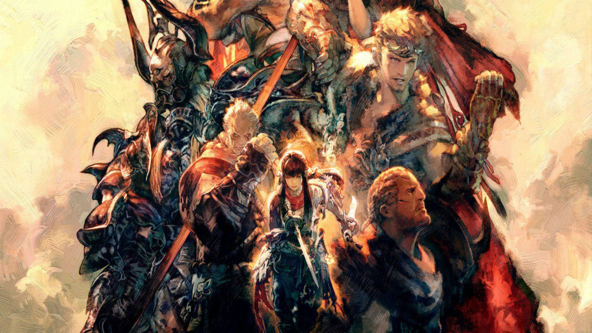 Ff14 桌布 壁紙 — 一群動態的奇幻戰士，身穿華麗盔甲和飄逸斗篷，在煙霧繚繞的背景中英勇站立。