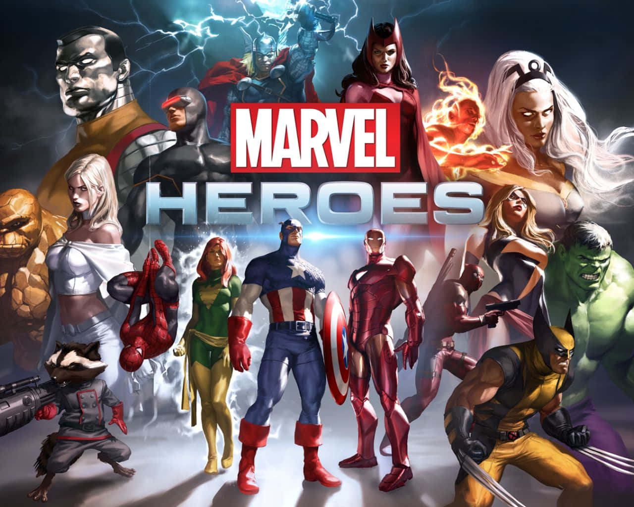 Best Marvel 桌布 壁紙 — 一群動態的漫威超級英雄和反派在暴風雨背景下英勇擺姿勢，帶有發光能量效果。