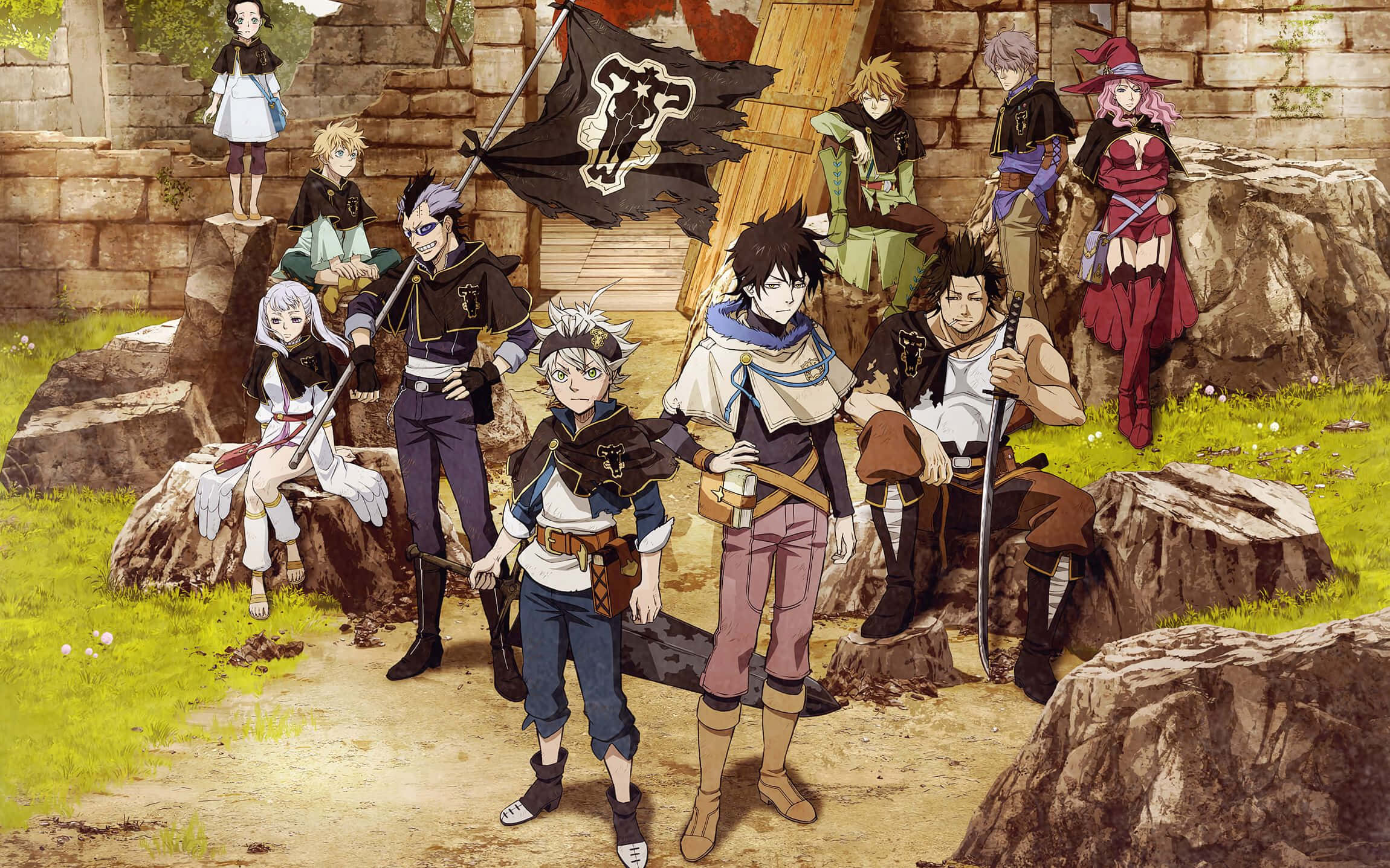 Black Clover Yami 桌布 壁紙 — 一群動漫冒險者在陽光明媚的石頭庭院中自信地擺姿勢，手持一面帶有公牛標誌的黑旗。