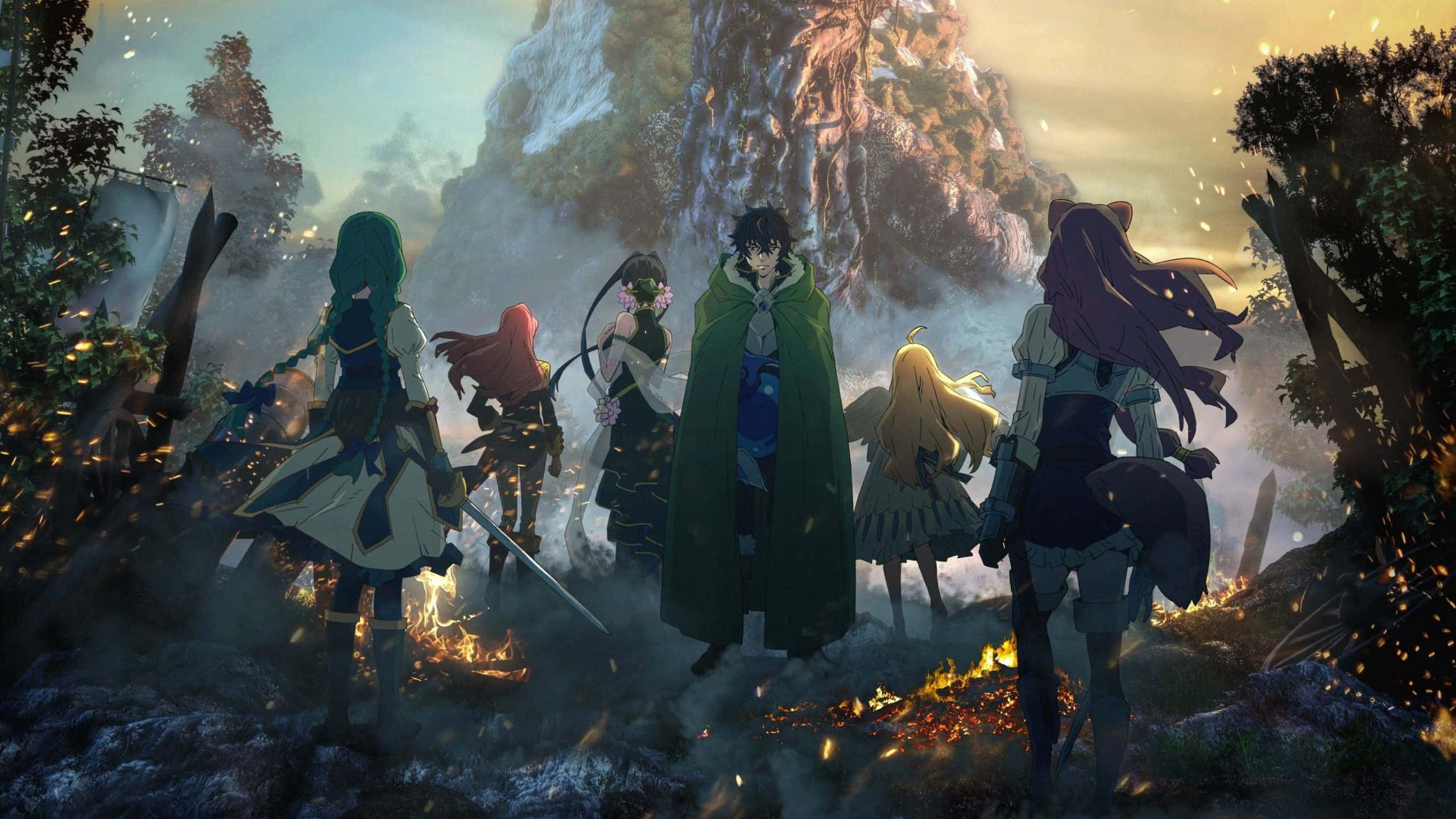 Shield Hero 桌布 壁紙 — 一群動漫冒險者在黃昏時圍著營火，背後有一座高聳的山脈。