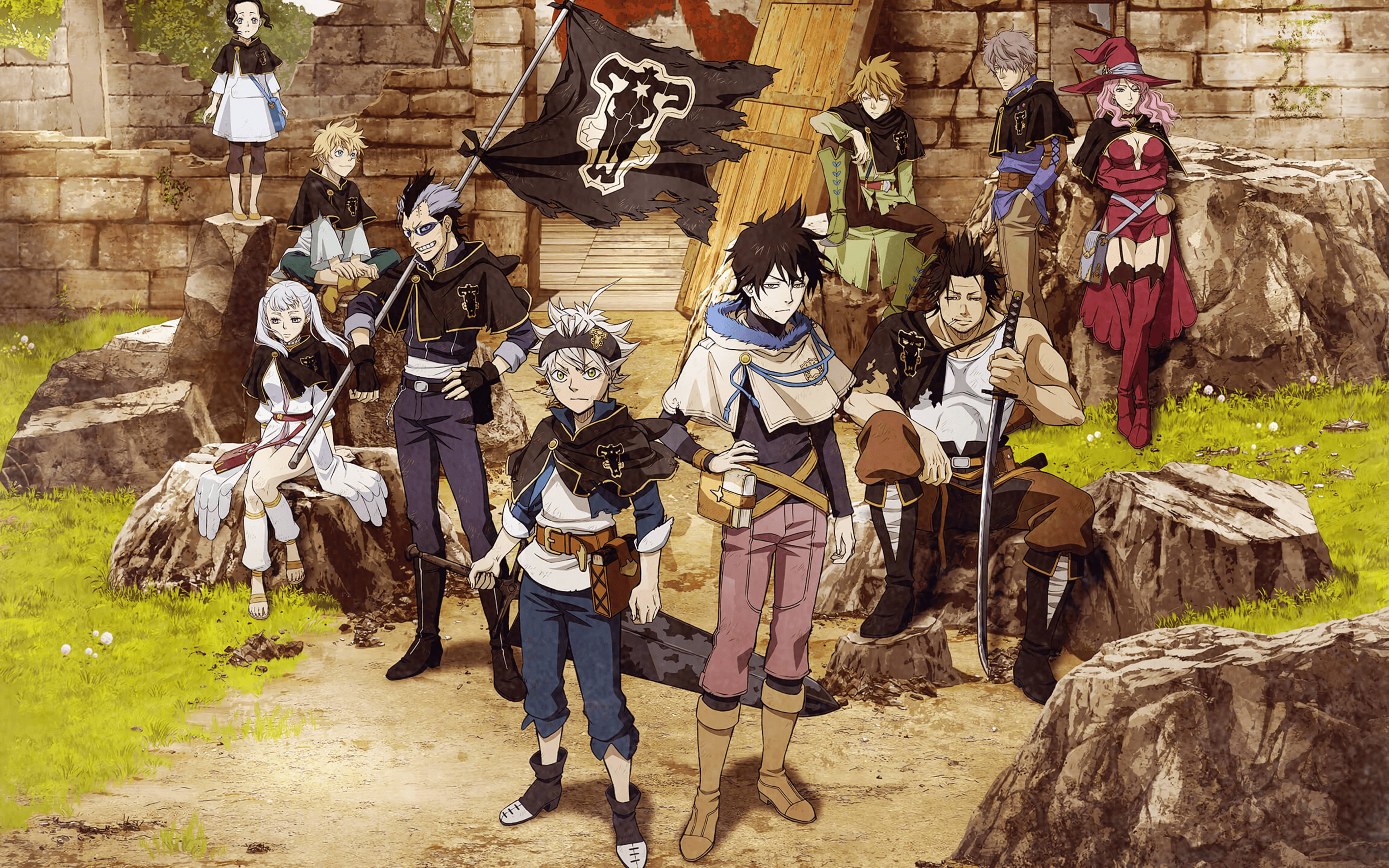 Black Clover Anime 桌布 壁紙 — 一群動漫冒險者手持劍和黑色旗幟，在陽光普照的草地上靠近石頭廢墟的岩石上站立和坐著。