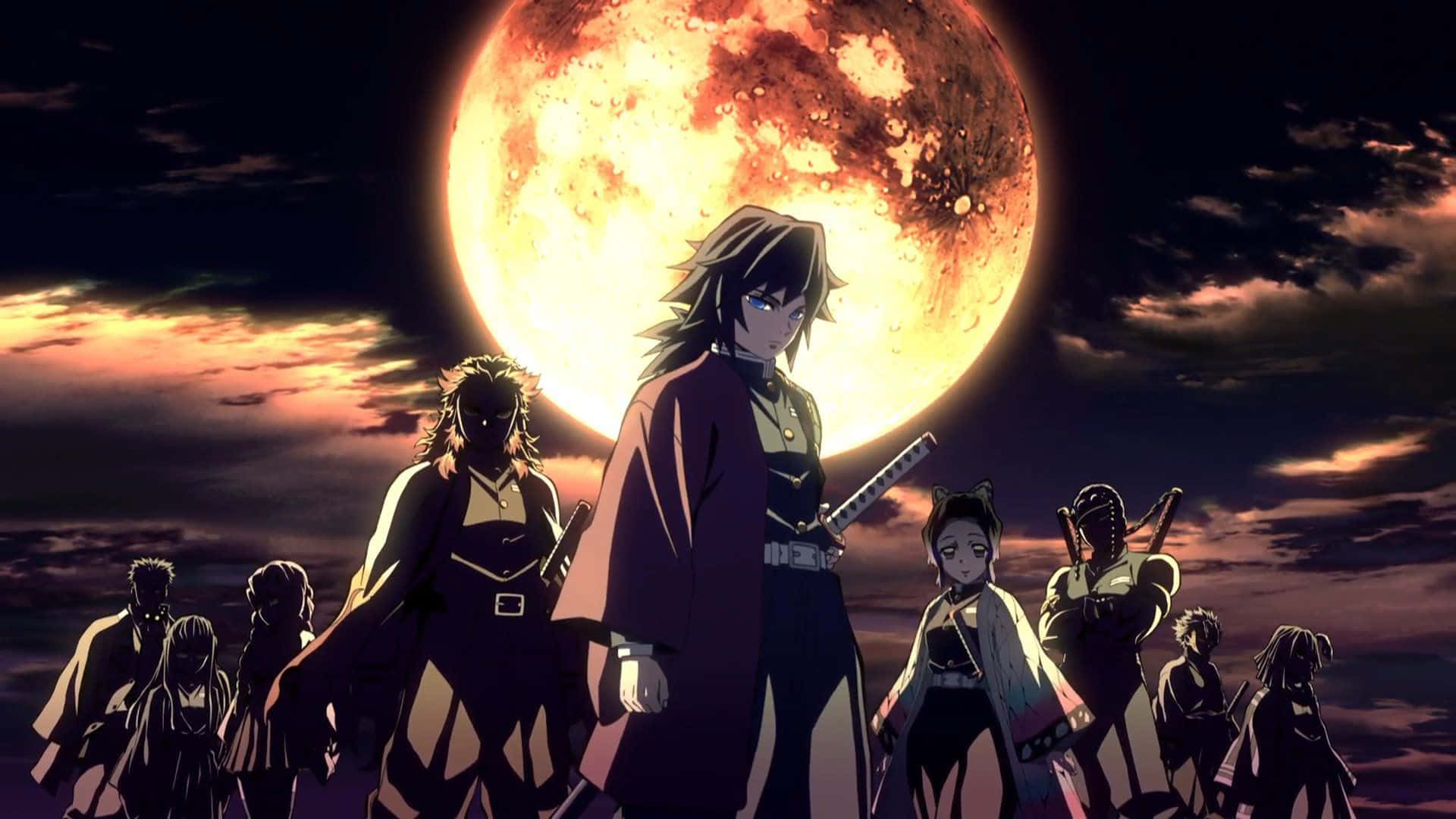 Demon Slayer Group 桌布 壁紙 — 一群動漫戰士站在黑暗天空下巨大的紅色發光月亮前。