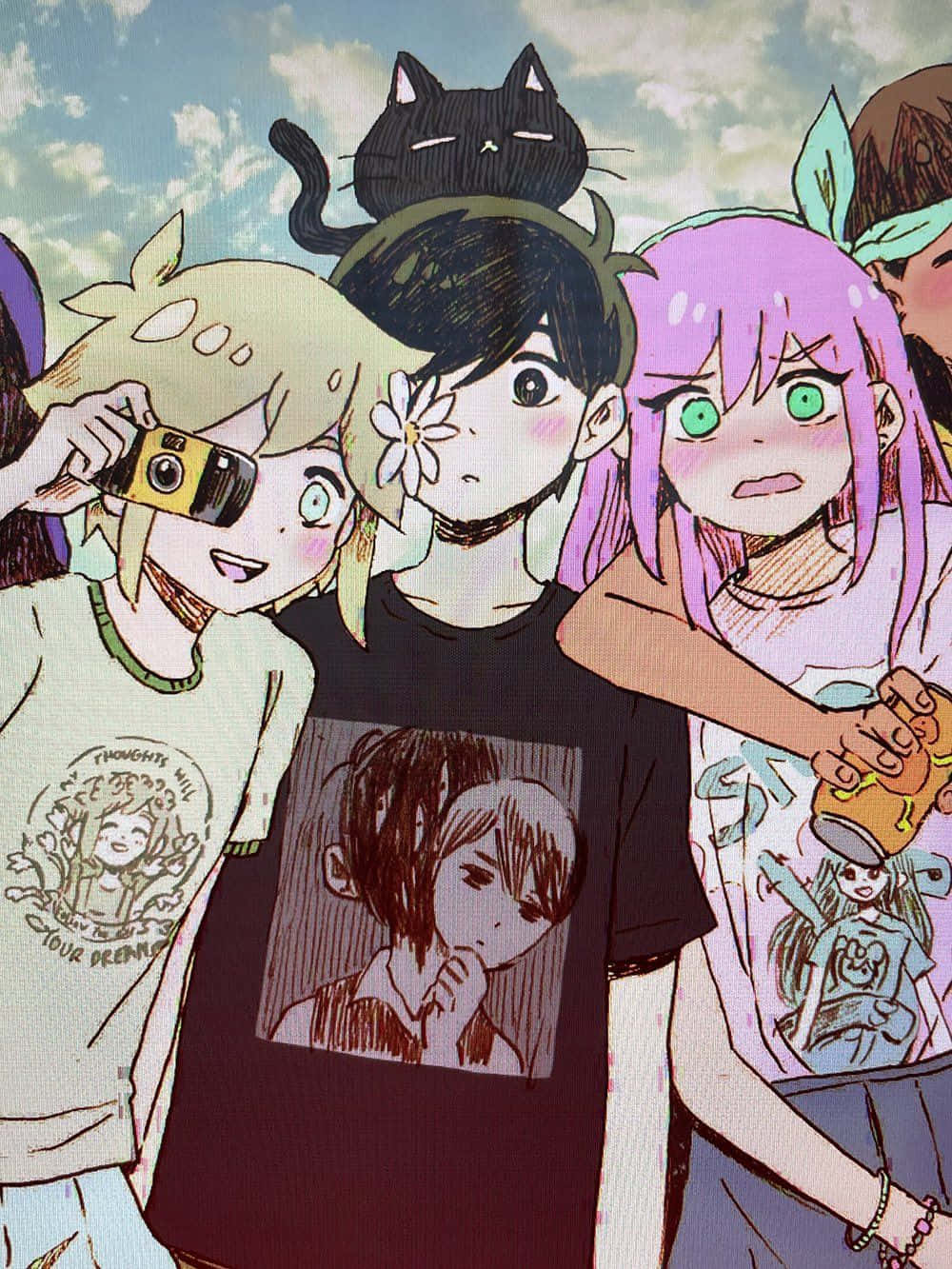 動漫角色頭上有貓，在藍天下微笑。 — Omori GIF 壁紙