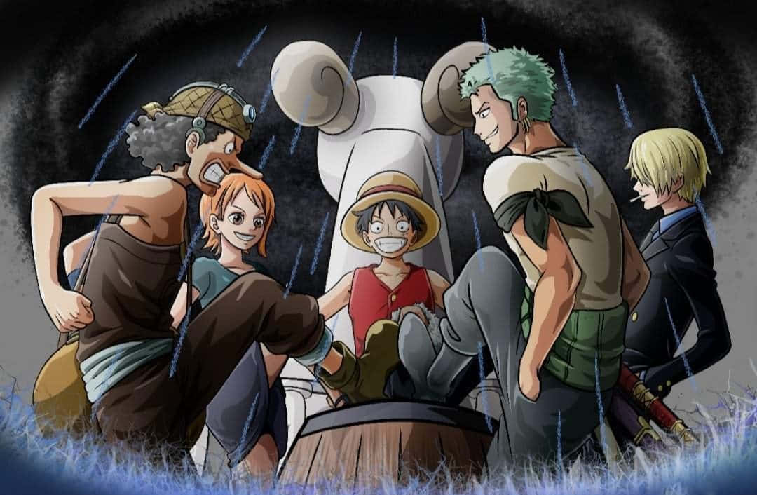 East Blue 桌布 壁紙 — 一群動漫海盜在暴風雨浸濕的田野中擠在一條巨大的白鯨下方。
