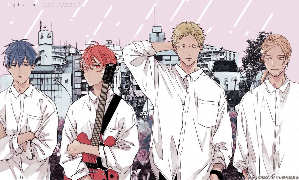 一群動漫男孩站在城市前方 壁紙