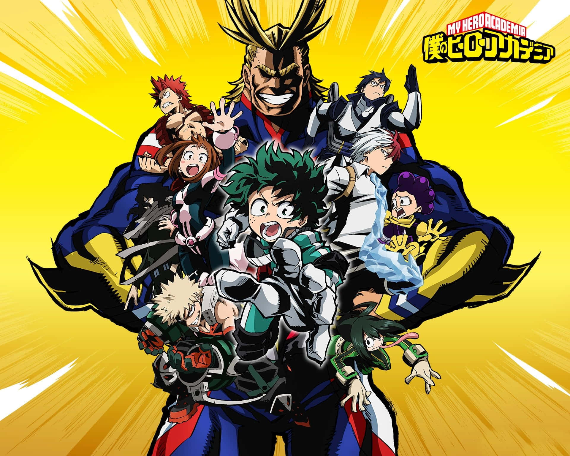 My Hero Academia iPad 桌布 壁紙 — 一群動漫英雄在帶有爆炸性能量線條的耀眼黃色背景前擺出動感十足的動作姿勢。