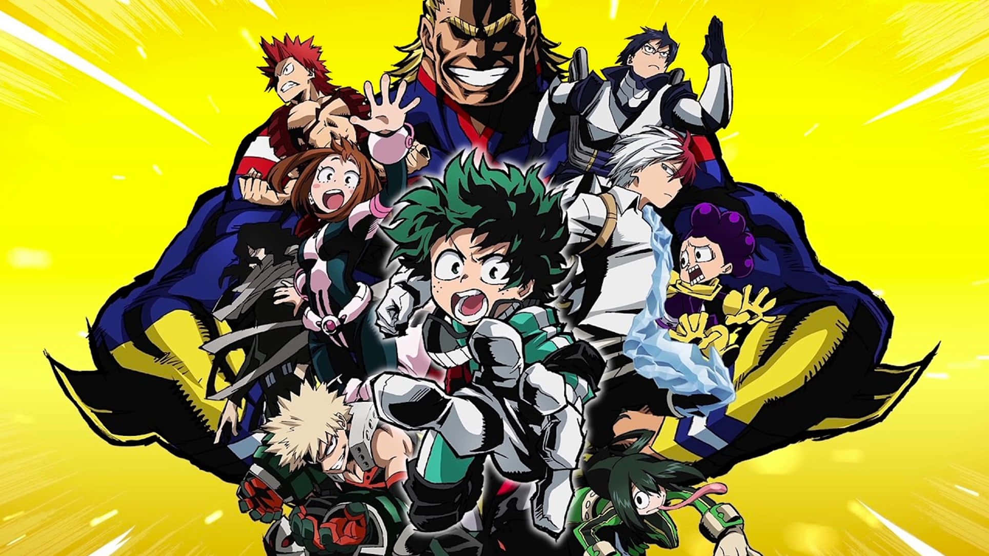 Mha 桌布 壁紙 — 一群動漫英雄在明亮的黃色爆炸背景前擺出動態動作姿勢。