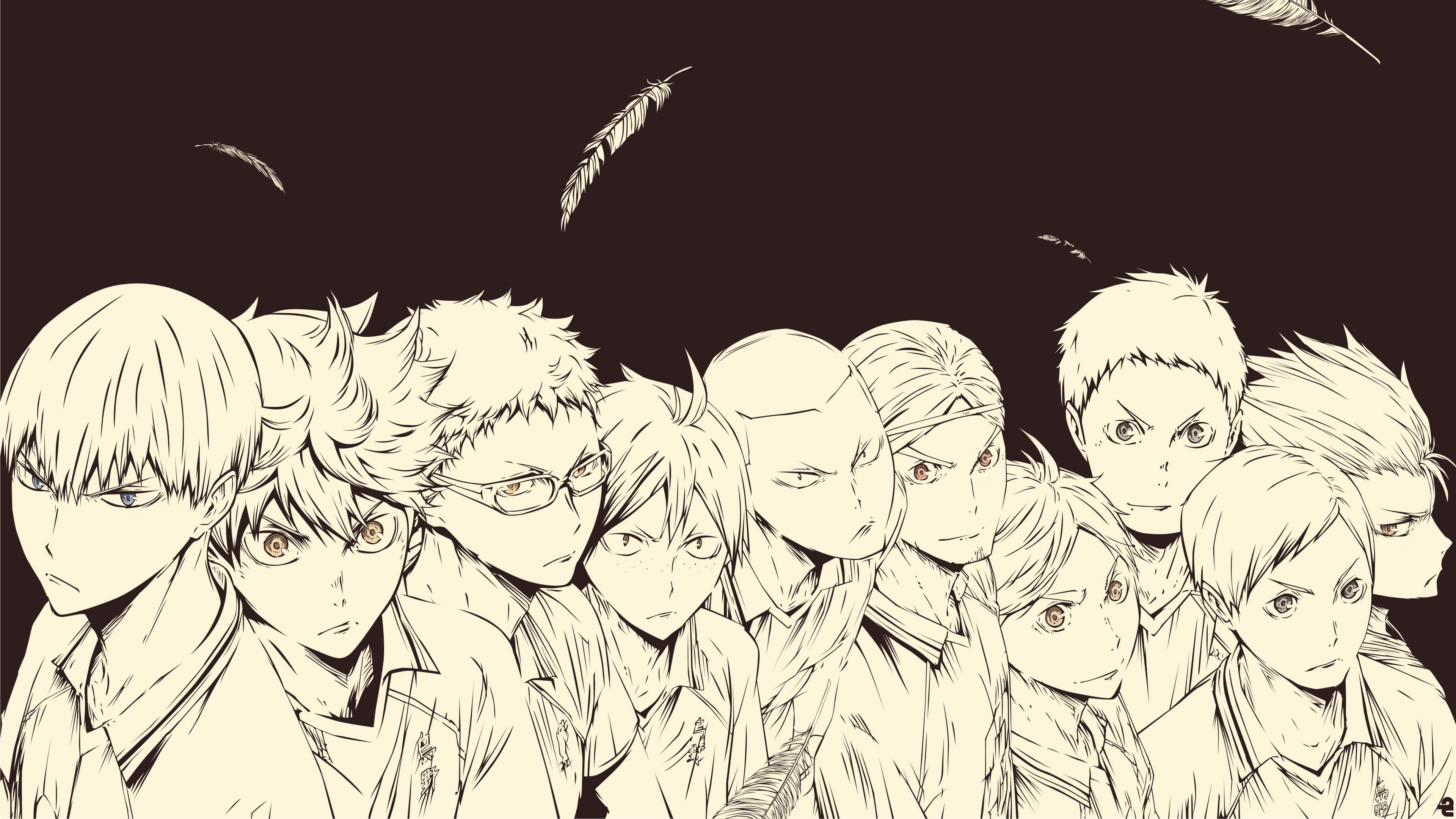 Haikyuu Fan Art 桌布 壁紙 — 一群動漫角色，表情強烈，羽毛漂浮在深色背景上。