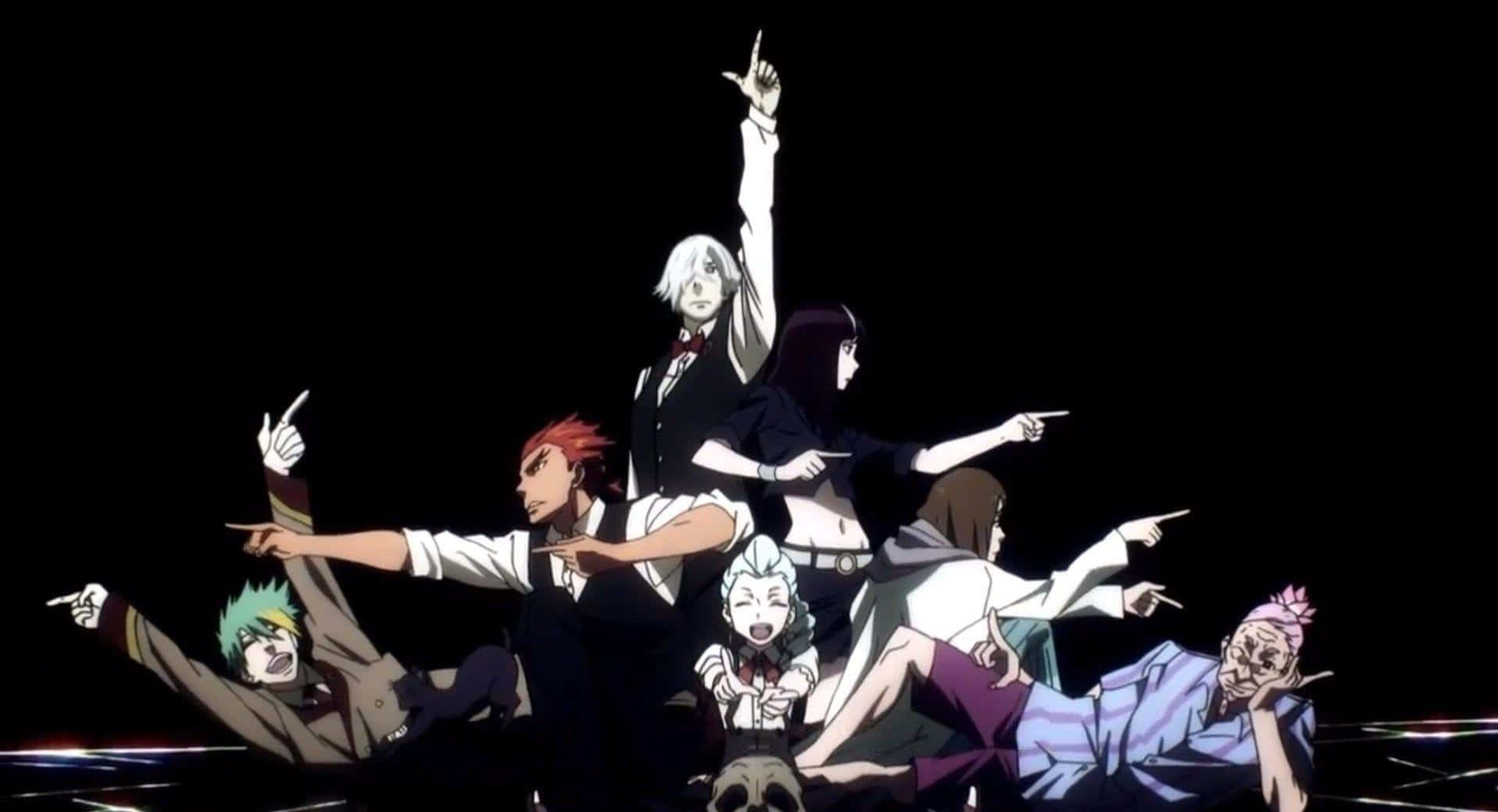 Death Parade 桌布 壁紙 — 一群動漫角色以動態姿勢戲劇性地指向黑色背景，帶有發光地板效果。