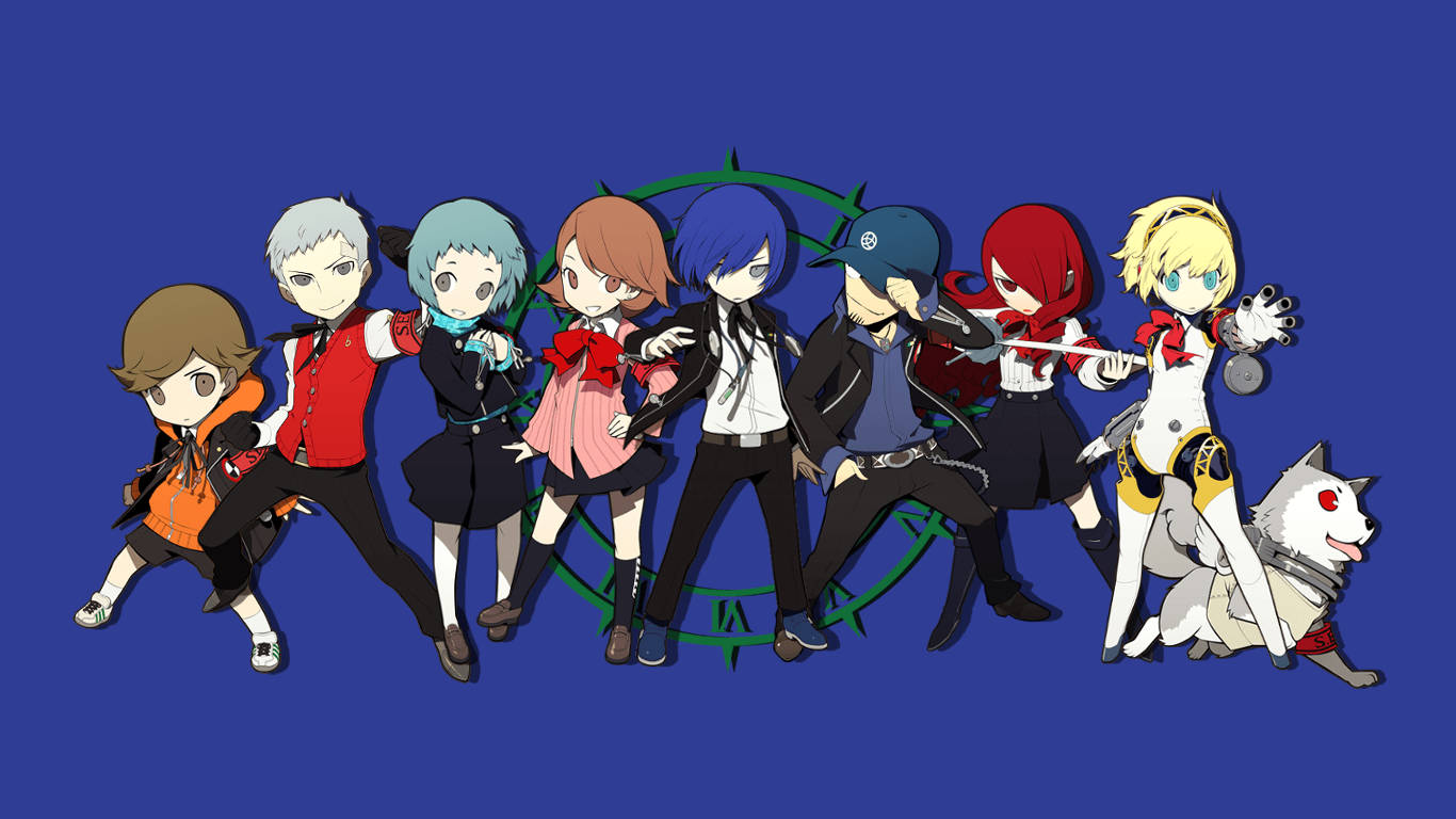 Persona 3 桌布 壁紙 — 一群動漫角色以動態姿勢與一隻白狼同伴在純藍色背景上。