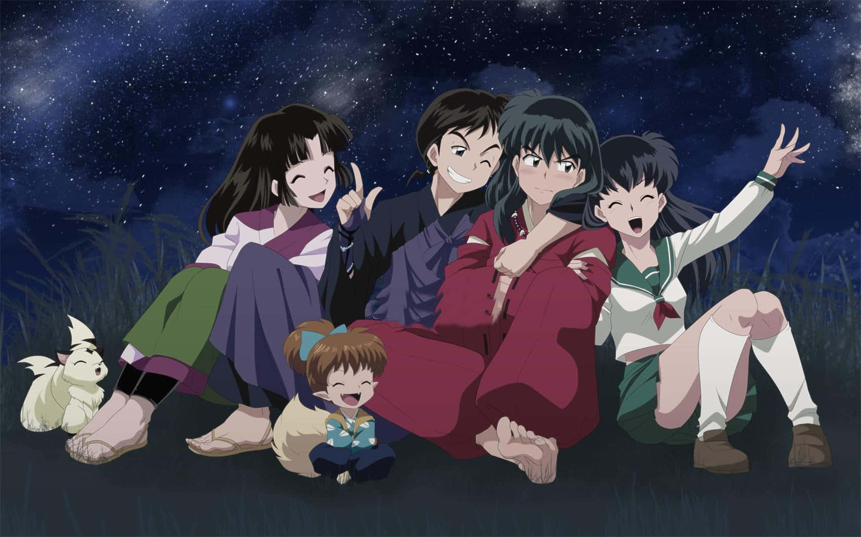 Inuyasha And The Gang 桌布 壁紙 — 一群動漫角色和一隻狐狸坐在星空下的草地上。