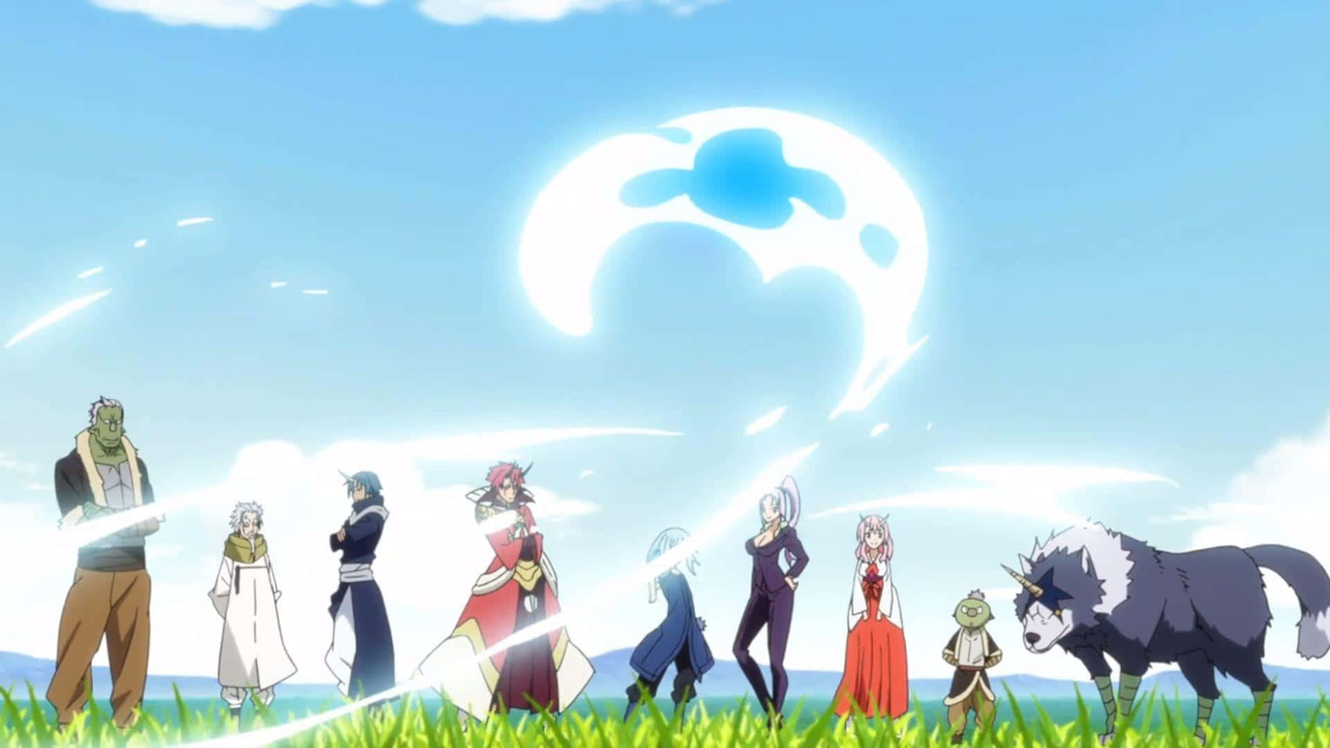 That Time I Got Reincarnated As A Slime 桌布 壁紙 — 一群動漫角色和一隻狼站在草地上，上方是一輪帶有雲狀形狀的巨大發光月亮。