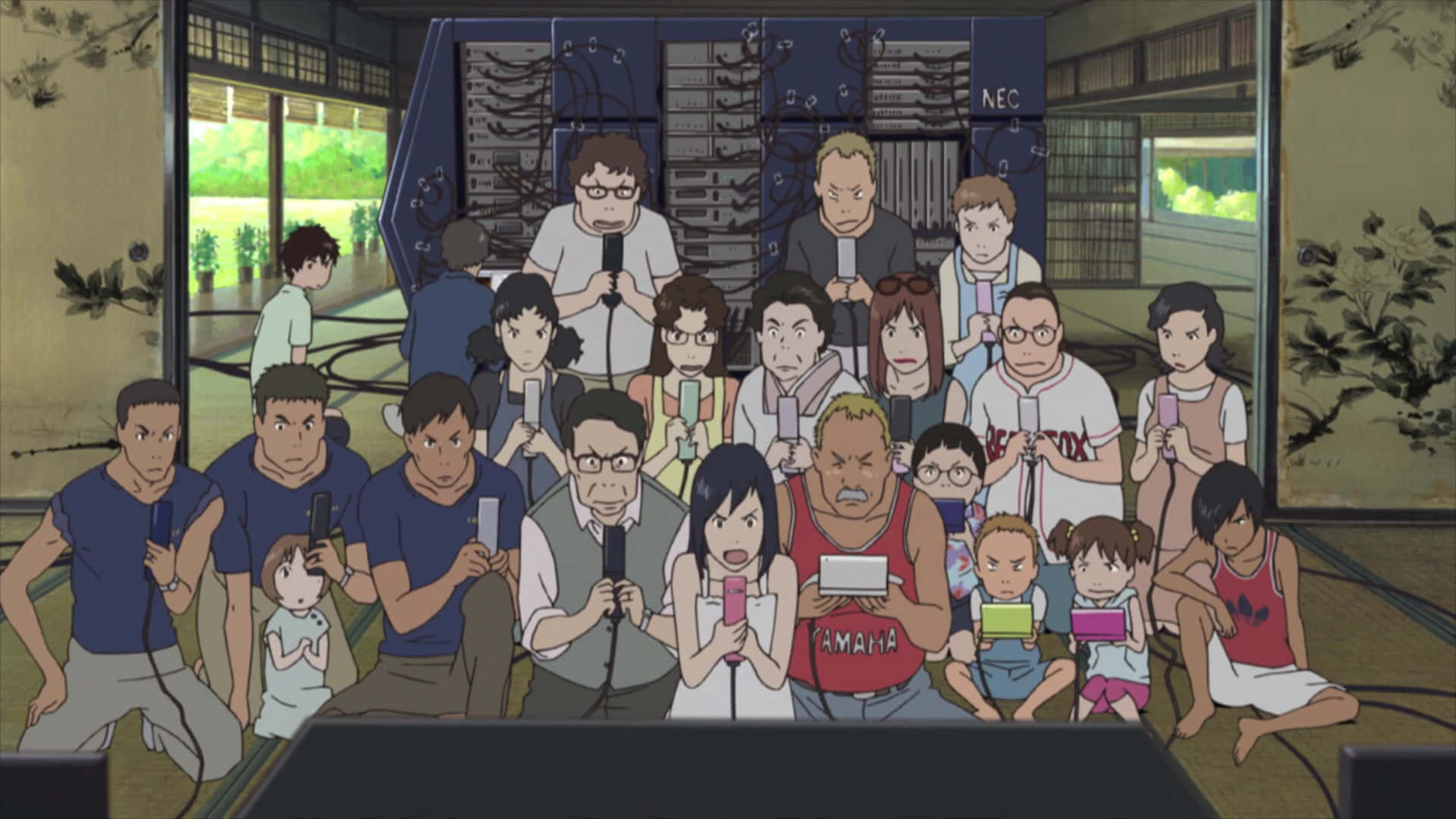 Summer Wars 桌布 壁紙 — 一群動漫角色在傳統日式房間中專注於手持遊戲裝置。