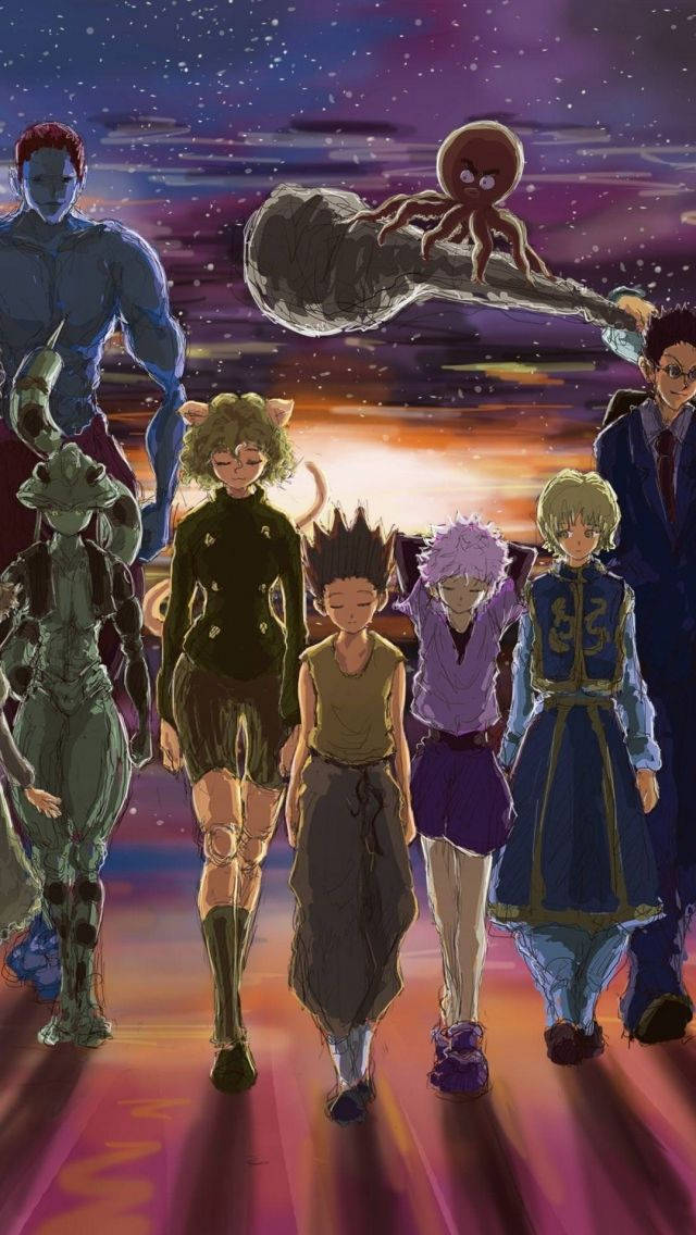 Hunter X Hunter iPhone 桌布 壁紙 — 一群動漫角色在星光燦爛的暮色天空下向前走，岩石上有一隻漂浮的章魚。