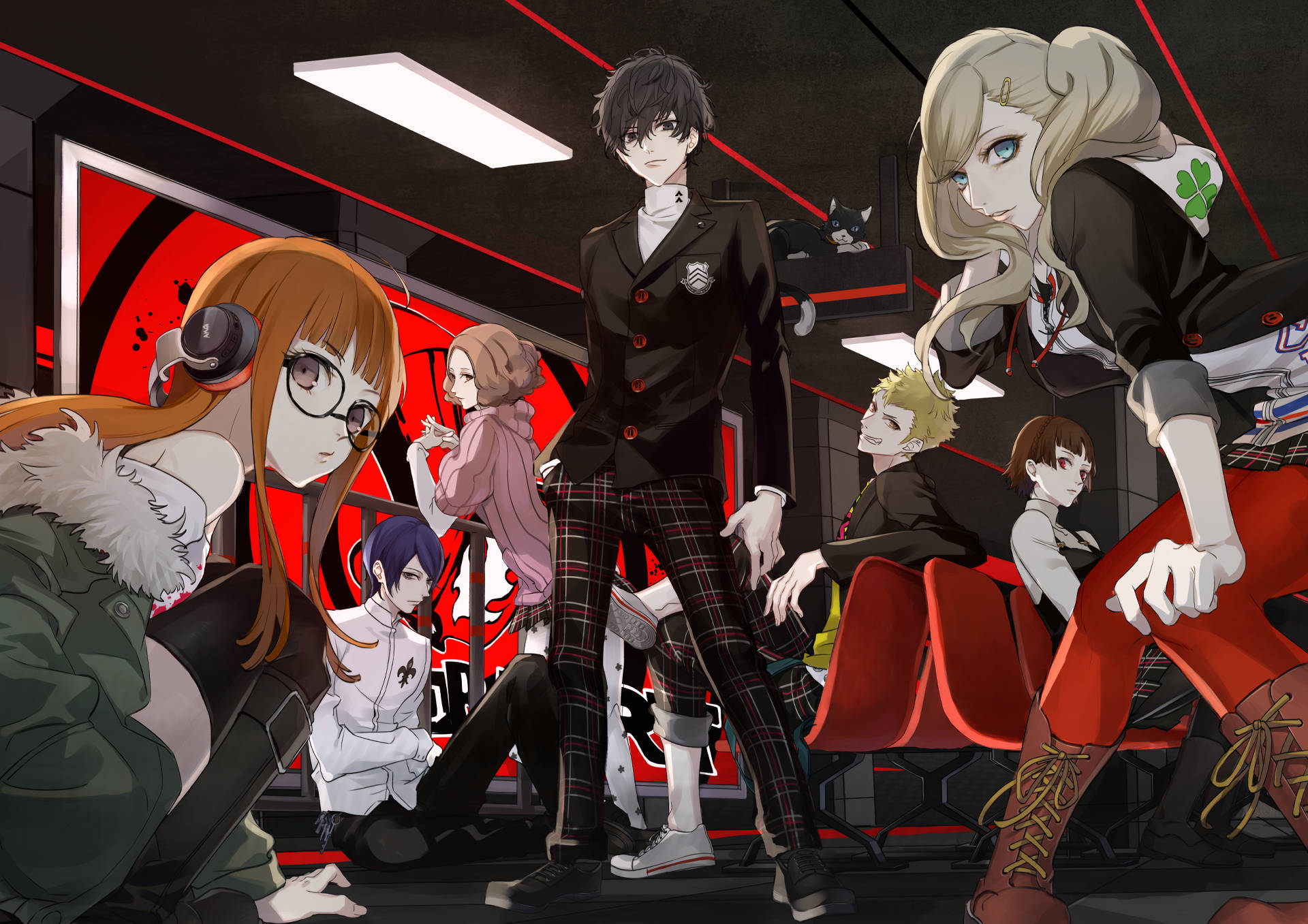 ren amamiya 桌布 壁紙 — 一群動漫角色在時尚的紅黑色火車車廂內，配有發光燈光和一隻貓棲息在上方。
