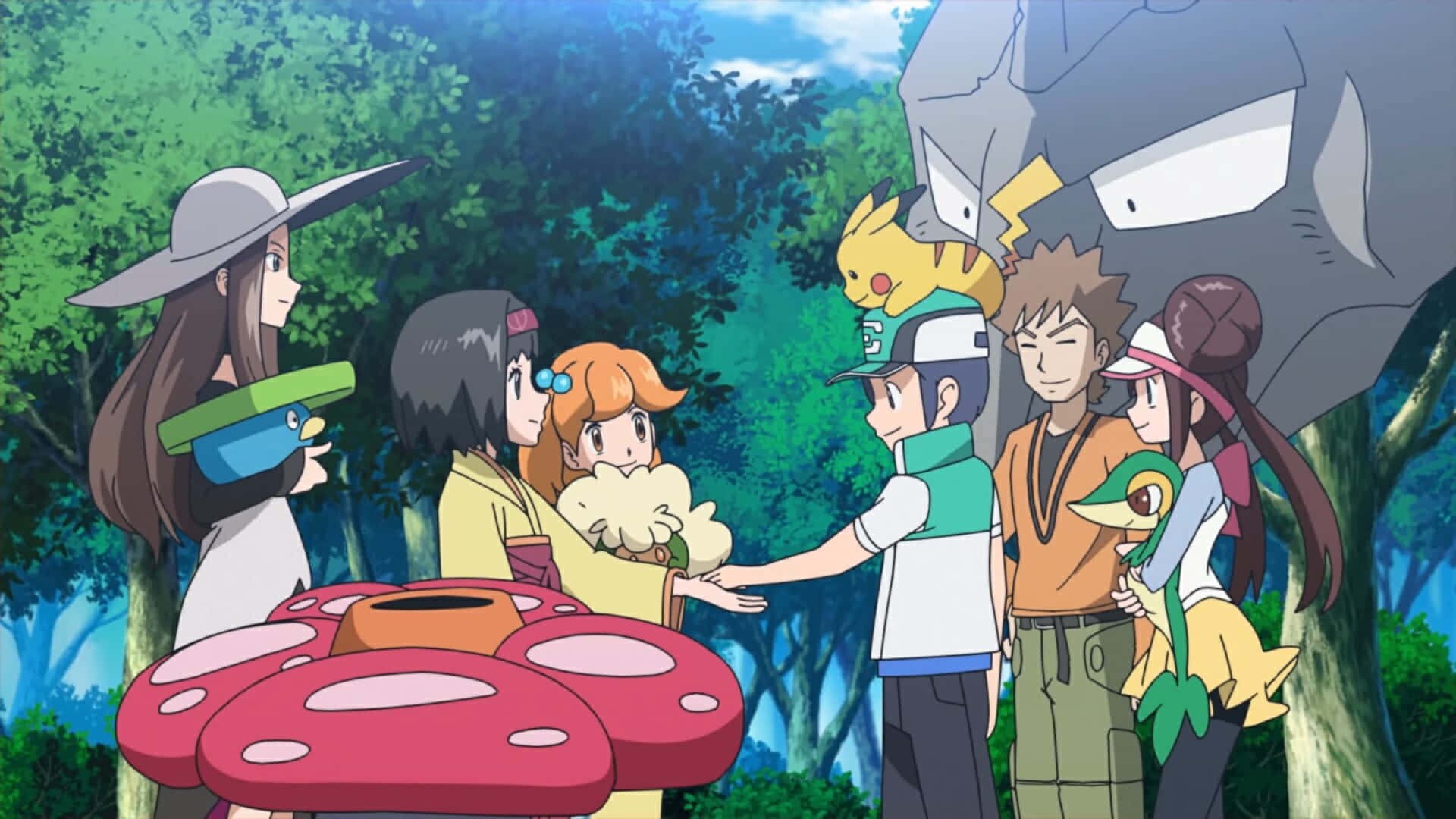 Pokemon Masters 桌布 壁紙 — 一群動漫角色在森林中與寶可夢聚集在一個巨大的紅色蘑菇周圍。