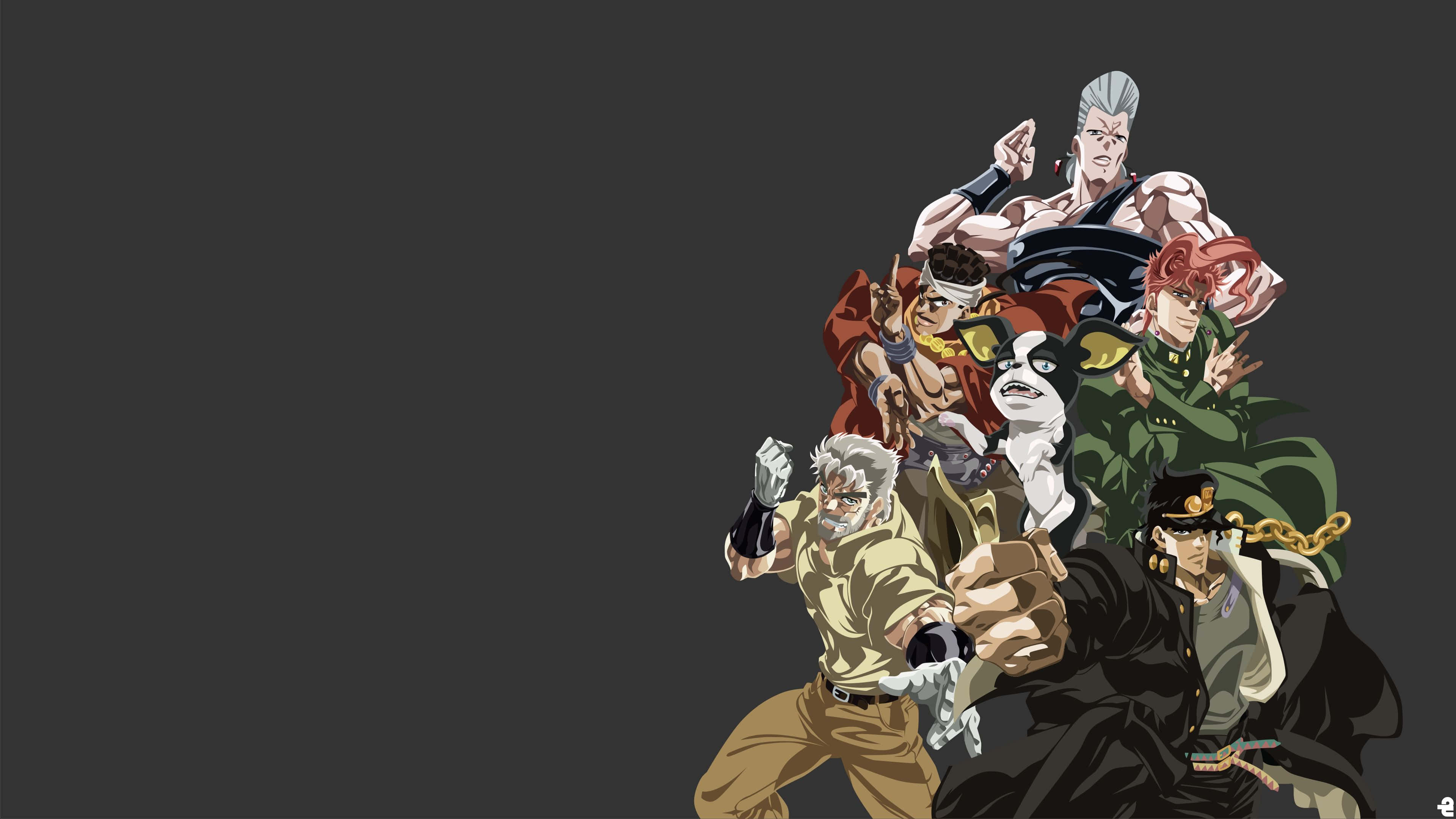 Jojo's Bizarre Adventure 桌布 壁紙 — 一群動漫角色在深灰色背景上擺出戰鬥姿勢的動態畫面。
