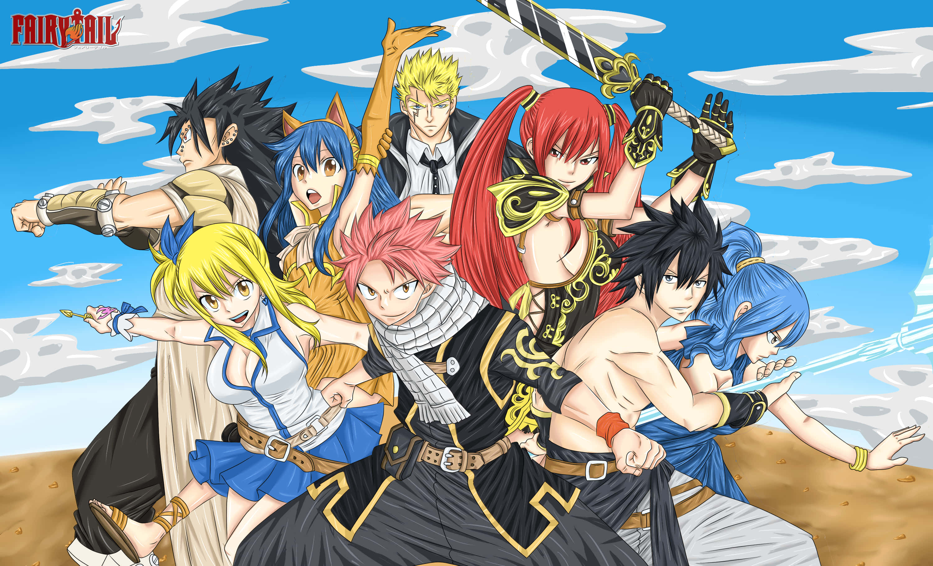 妖精的尾巴 桌布 壁紙 — 一群動漫角色在藍天白雲下擺出動態動作姿勢。