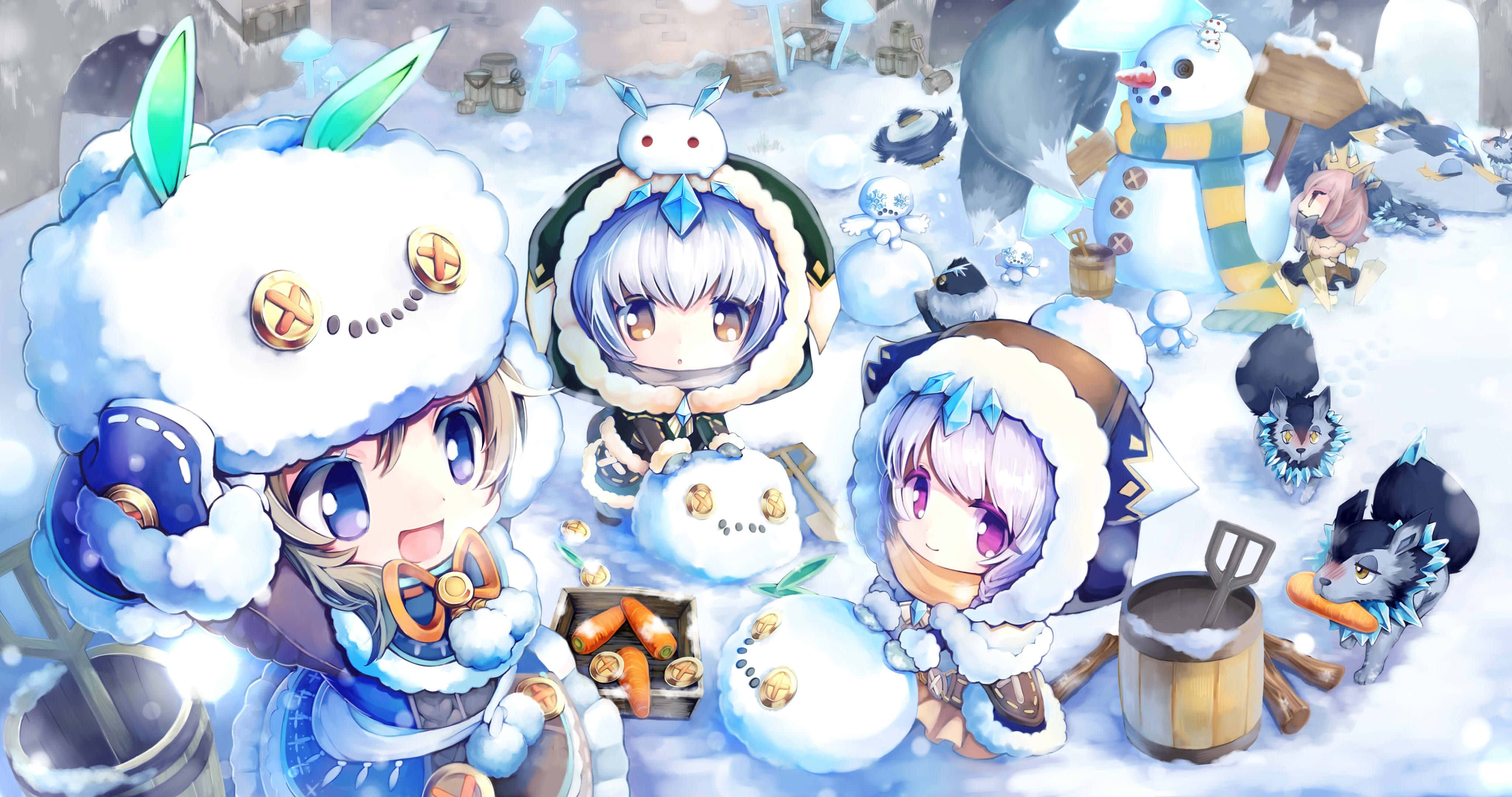 一群動漫角色在雪中 壁紙