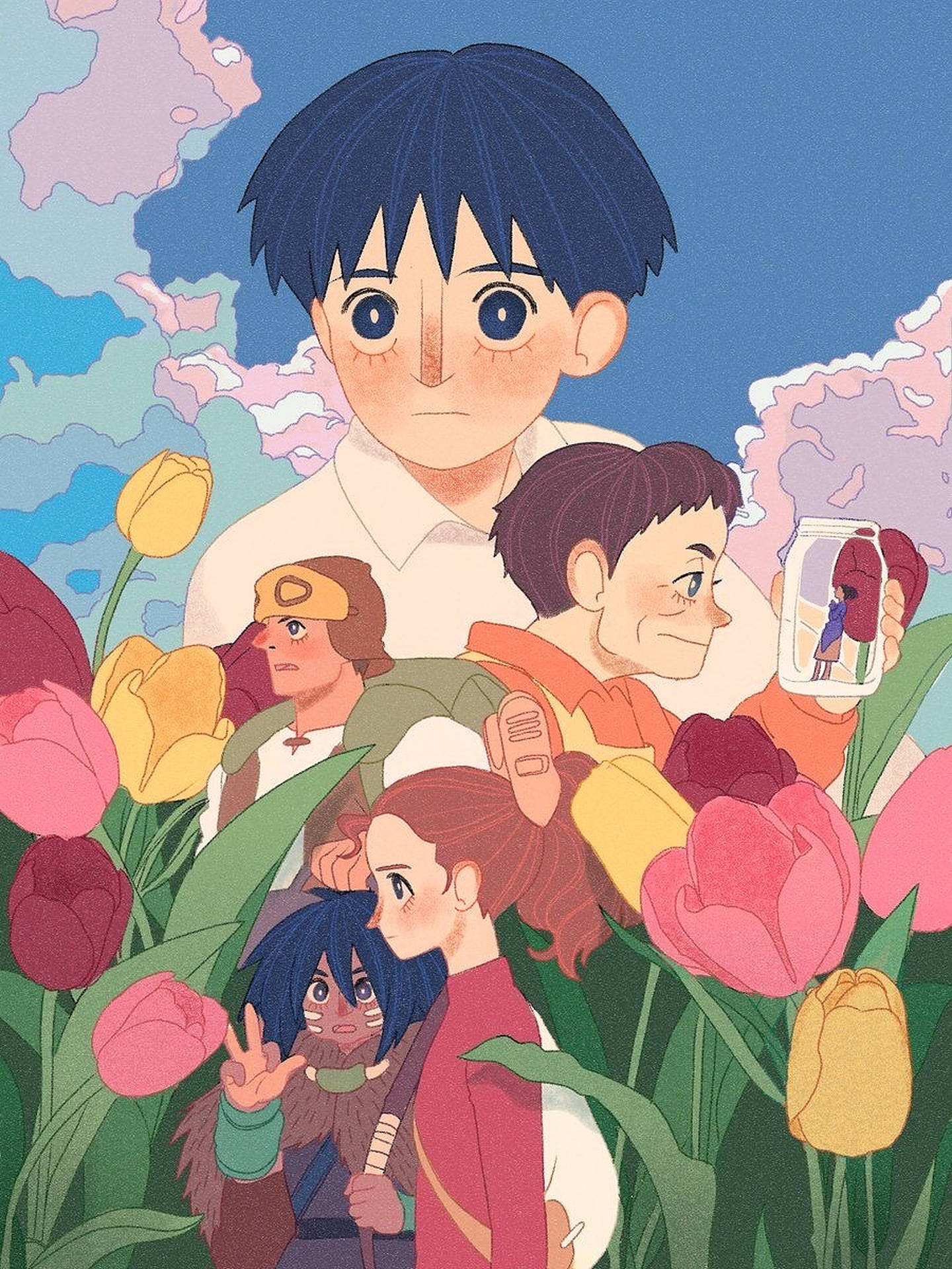 Arrietty 桌布 壁紙 — 一群動漫角色站在一片充滿活力的粉紅色和黃色鬱金香花田中，上方是柔和藍天和粉彩雲朵。