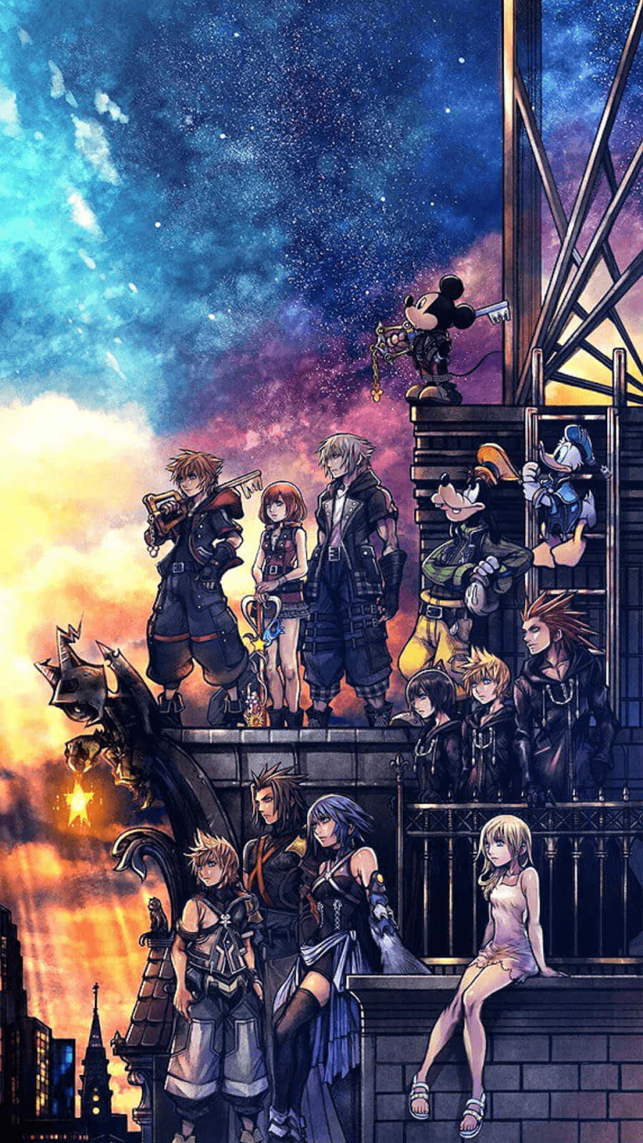 Kingdom Hearts Phone 桌布 壁紙 — 一群動漫角色站在屋頂上，背景是充滿星星和宇宙色調的充滿活力的黃昏天空。