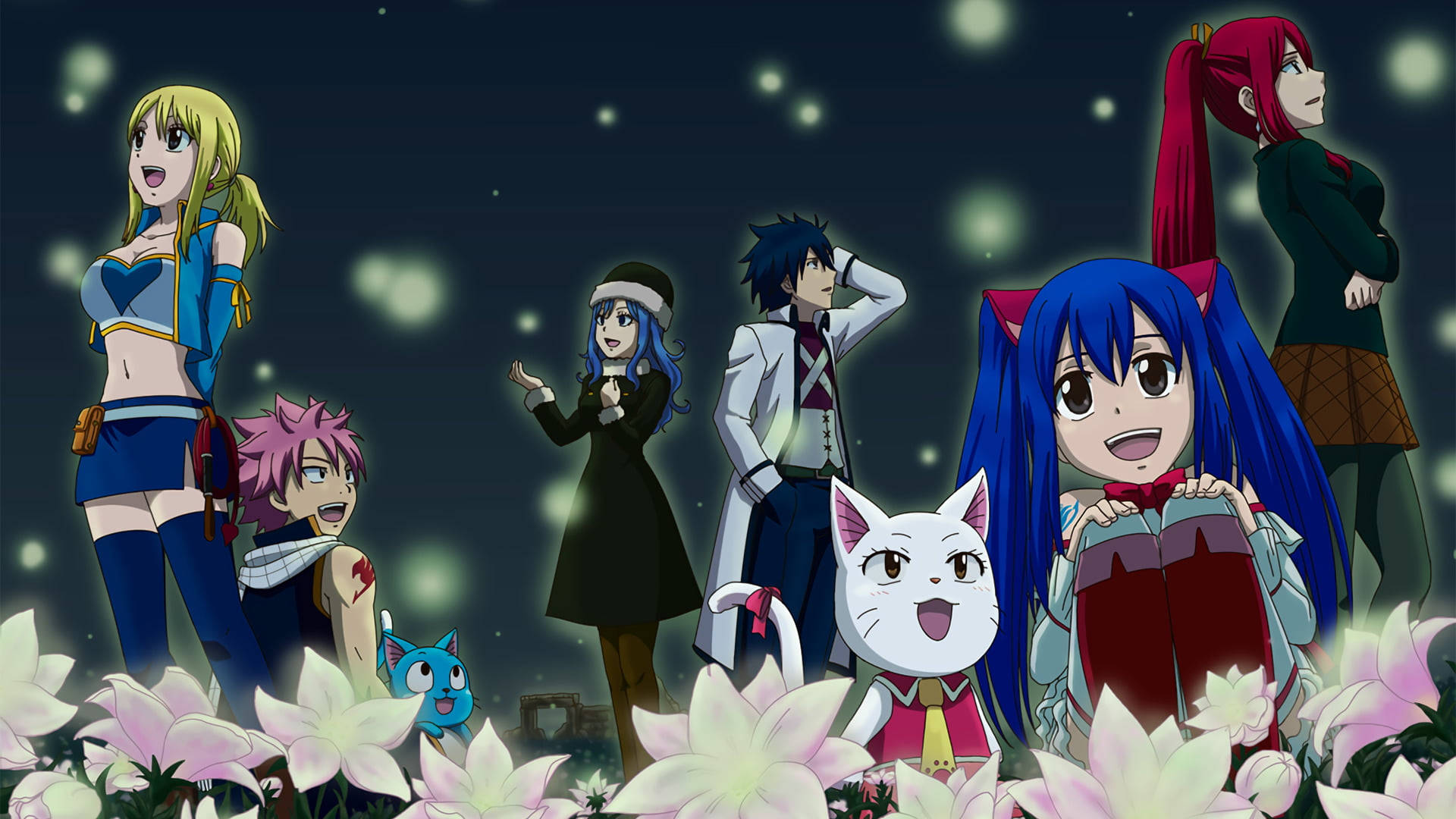 Fairy Tail Characters 桌布 壁紙 — 一群動漫角色站在發光的花朵中，在繁星點點的夜空下，伴隨著漂浮的光點。