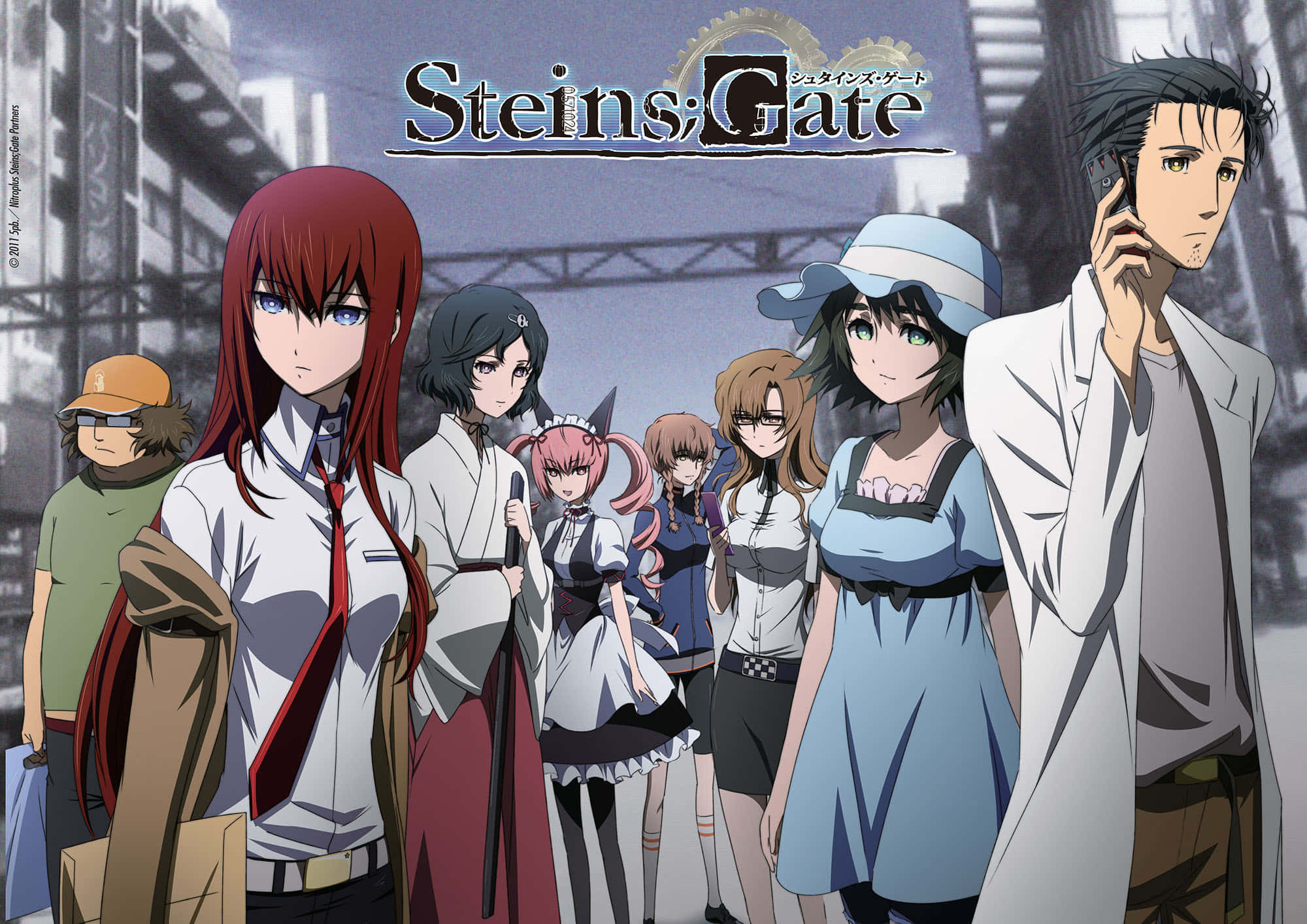 命運石之門 桌布 壁紙 — 一群動漫角色站在雨中的城市小巷，上方有 Steins;Gate 標題標誌。