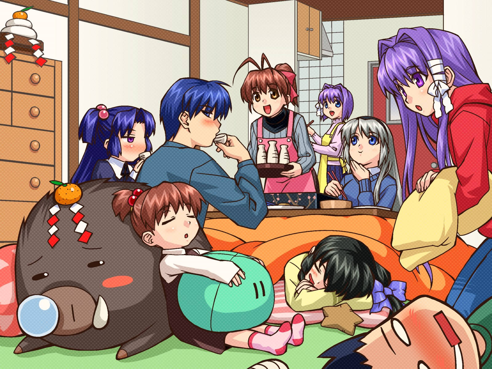 Clannad 桌布 壁紙 — 一群動漫角色聚集在舒適的日式房間中，有些人躺在地板上，有些人站在桌子周圍，營造出熱鬧而溫馨的氛圍。